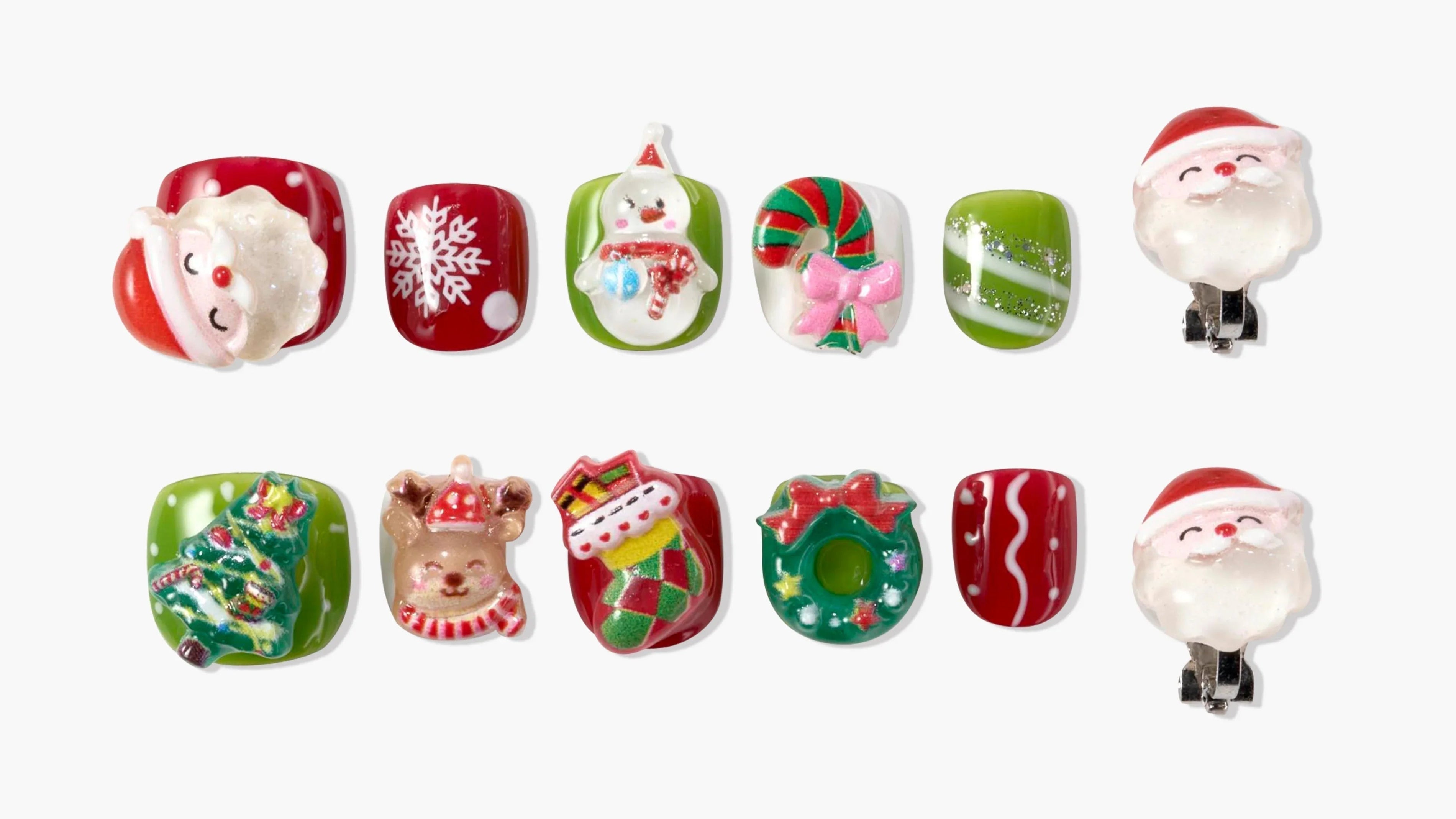 Christmas-themed press-on nails with Santa, snowflake, snowman, candy cane, Christmas tree, reindeer, stocking, wreath designs