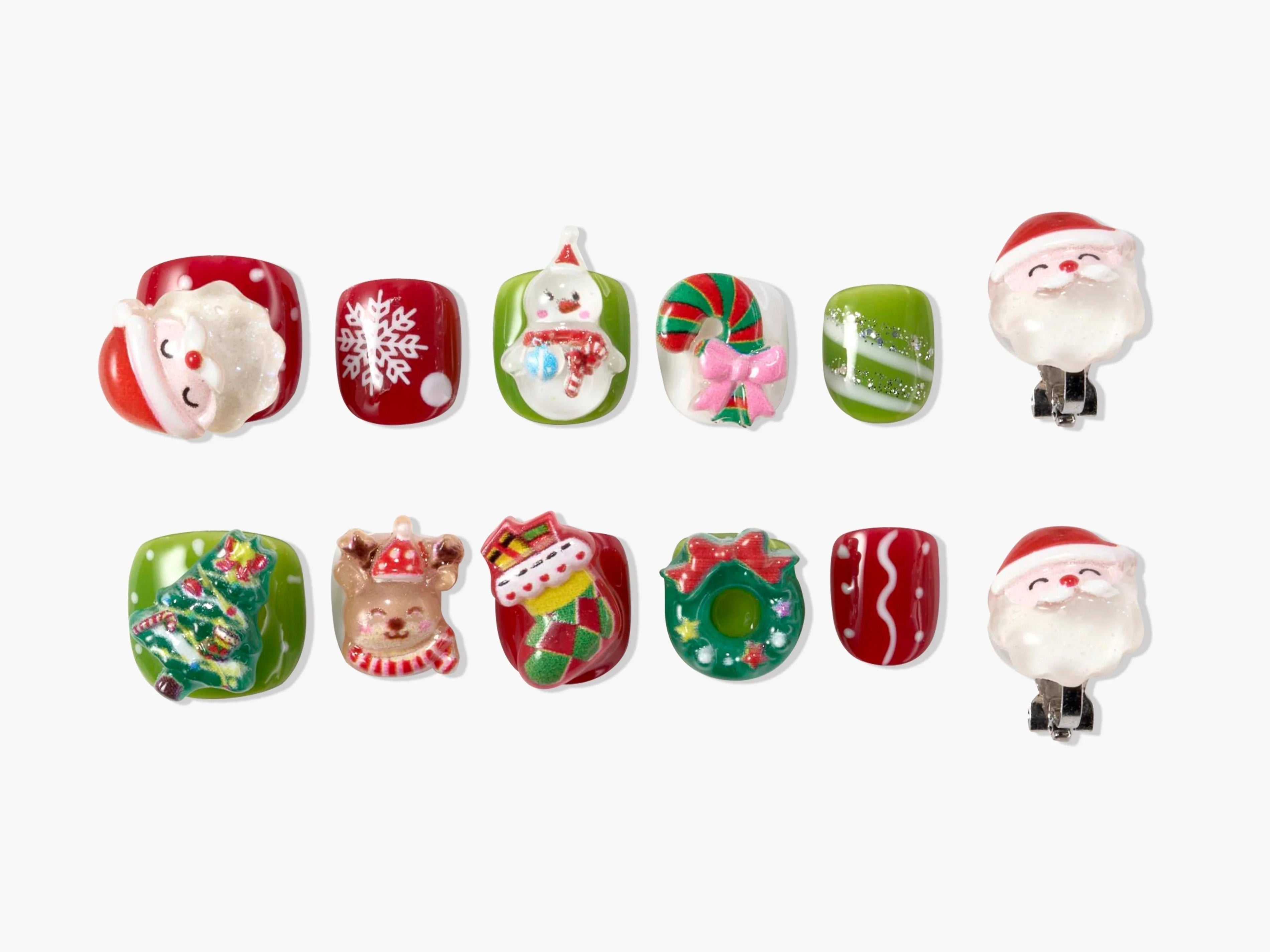 Christmas-themed press-on nails with Santa, snowflake, snowman, candy cane, Christmas tree, reindeer, stocking, wreath designs