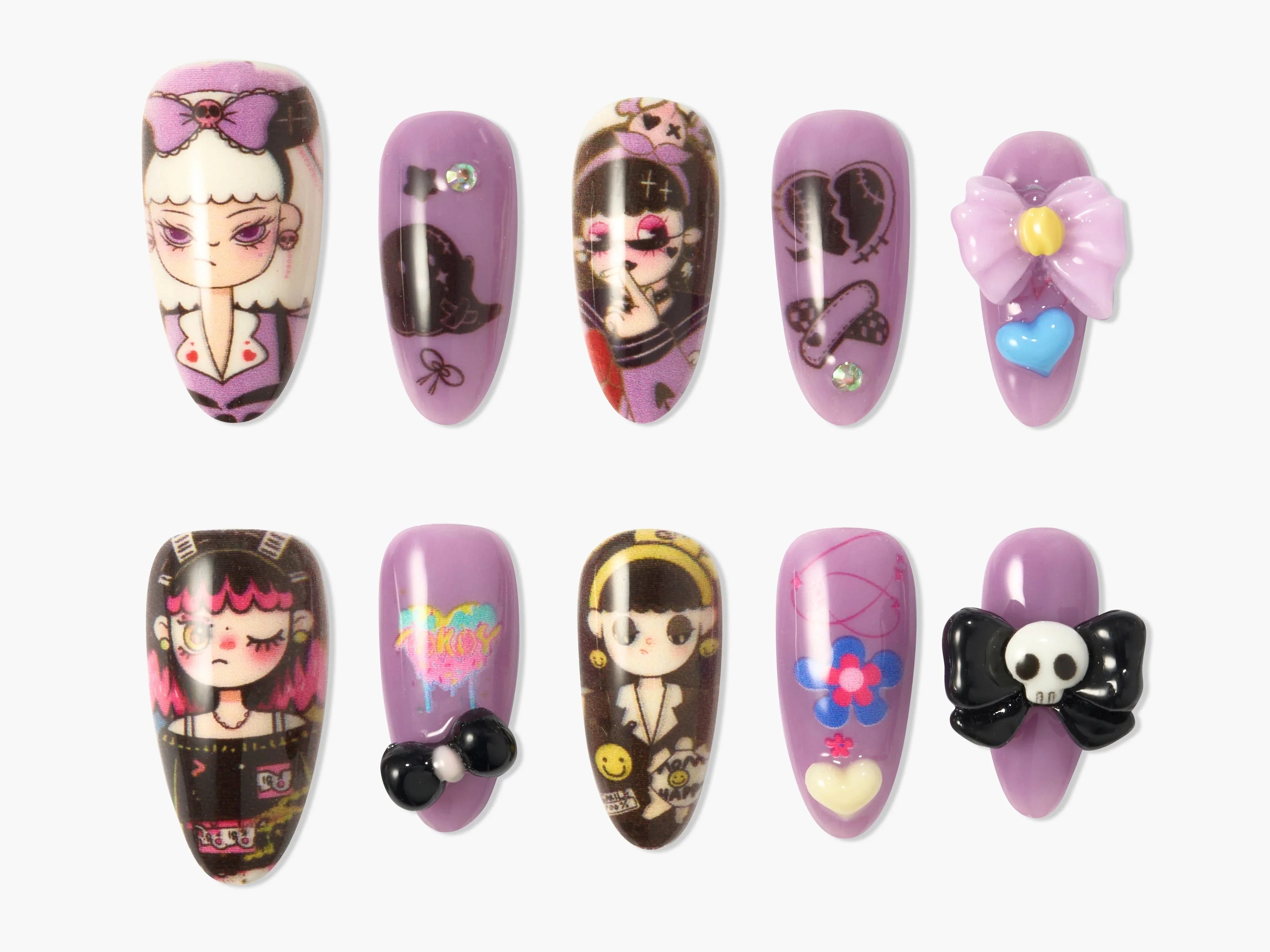 Set of purple press-on nails with cartoon character designs, skulls, bows, and decorative embellishments