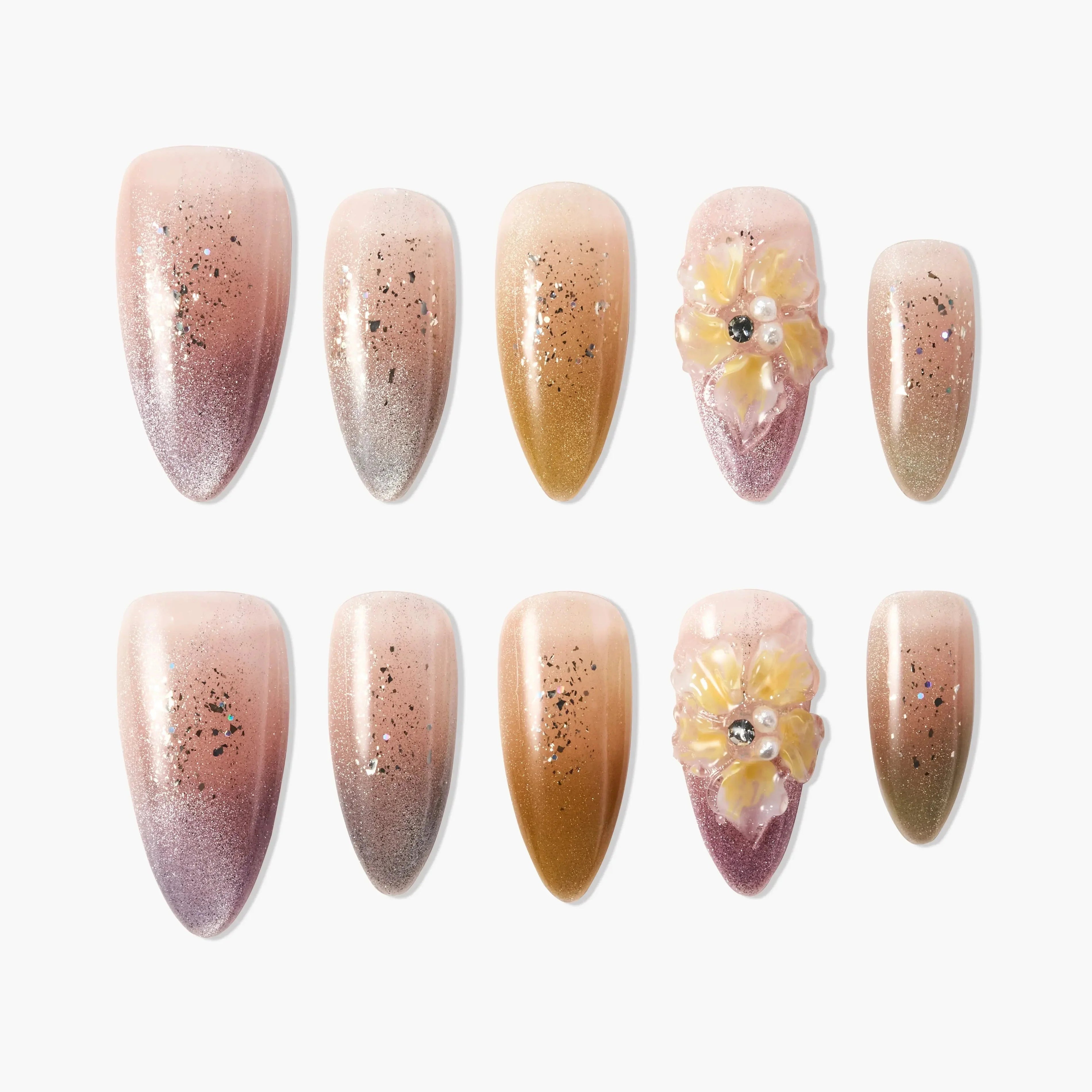 Set of 10 ombre pink and gold glitter press-on nails with 3D floral and pearl accents