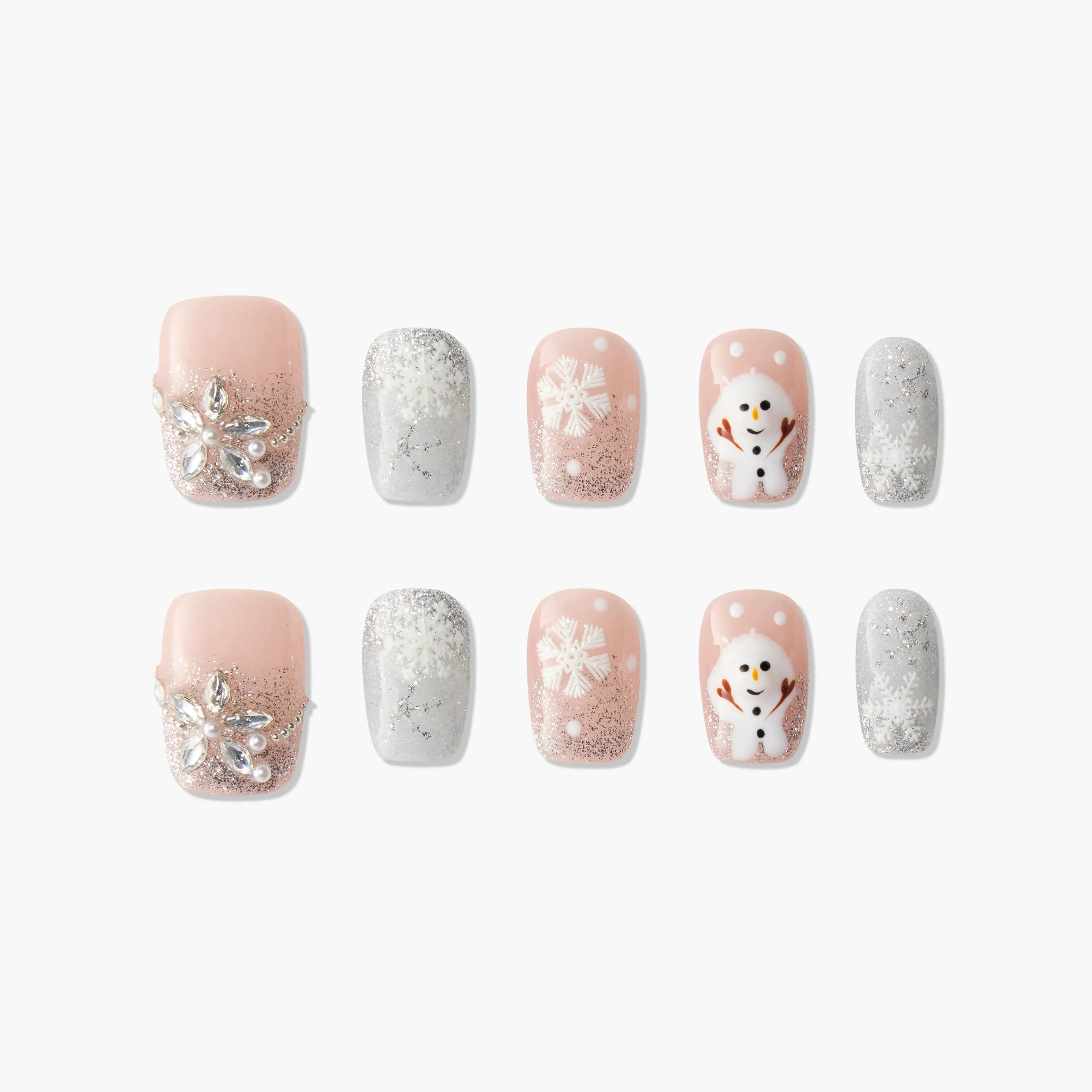 Set of 10 winter-themed press-on nails with snowflakes, snowman, glitter, and rhinestone designs