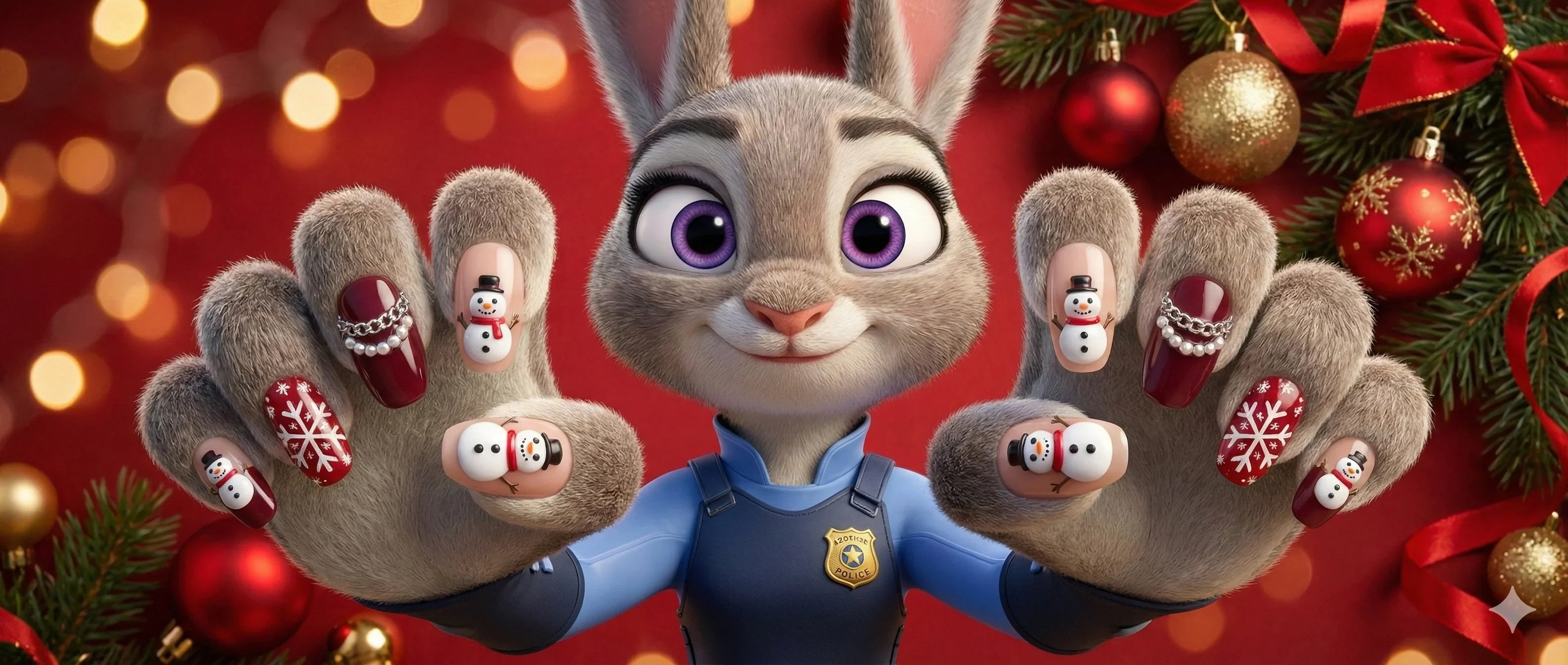 Festive press-on nails with snowman and snowflake designs on an animated bunny, Christmas background