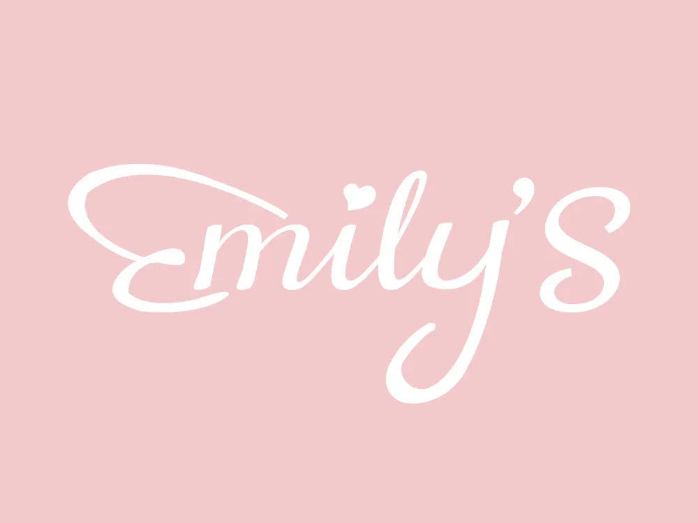 Emily's white cursive logo on a pink background with a heart dotting the 'i'