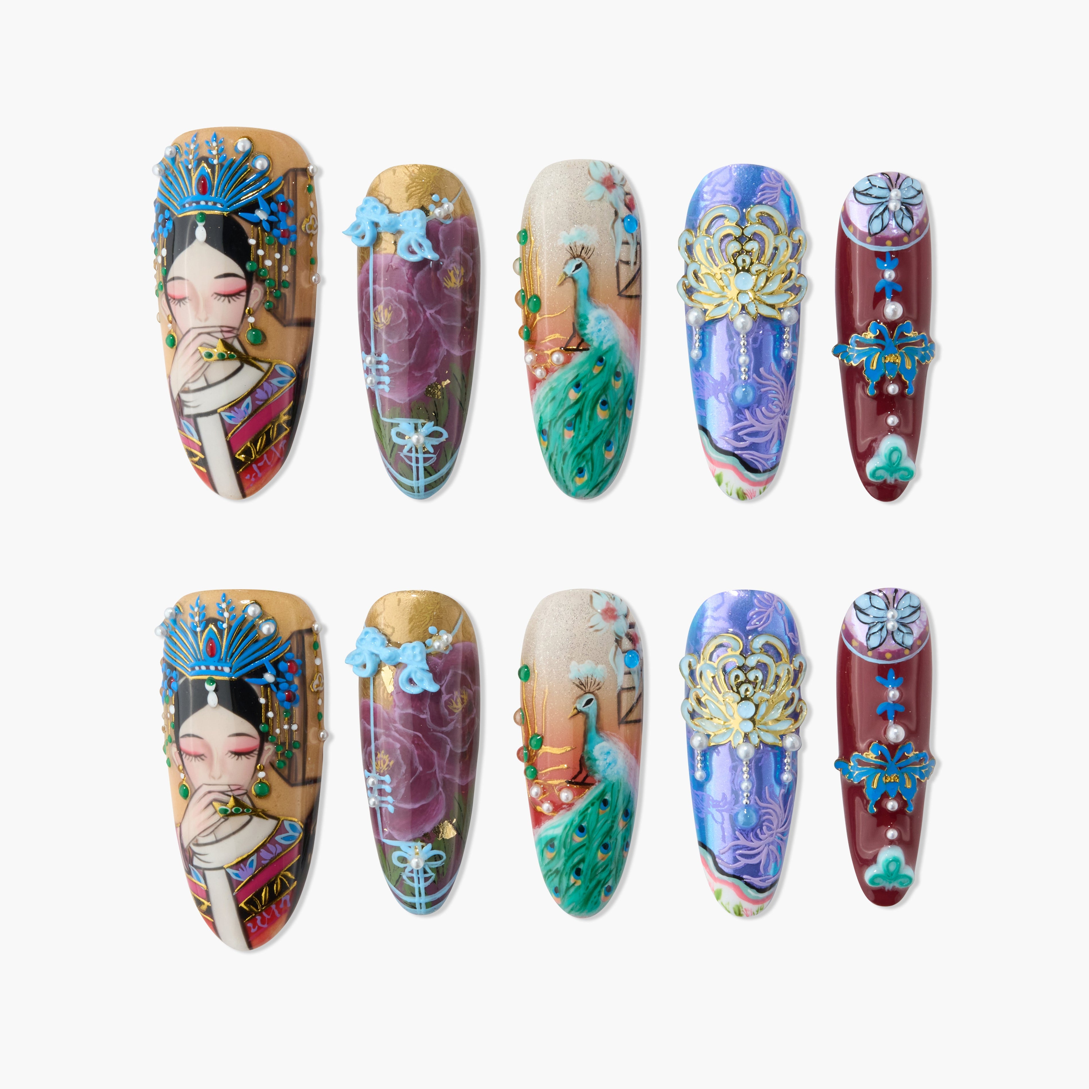 Set of 10 decorated false nails with Chinese-inspired art, floral, peacock, and jeweled designs