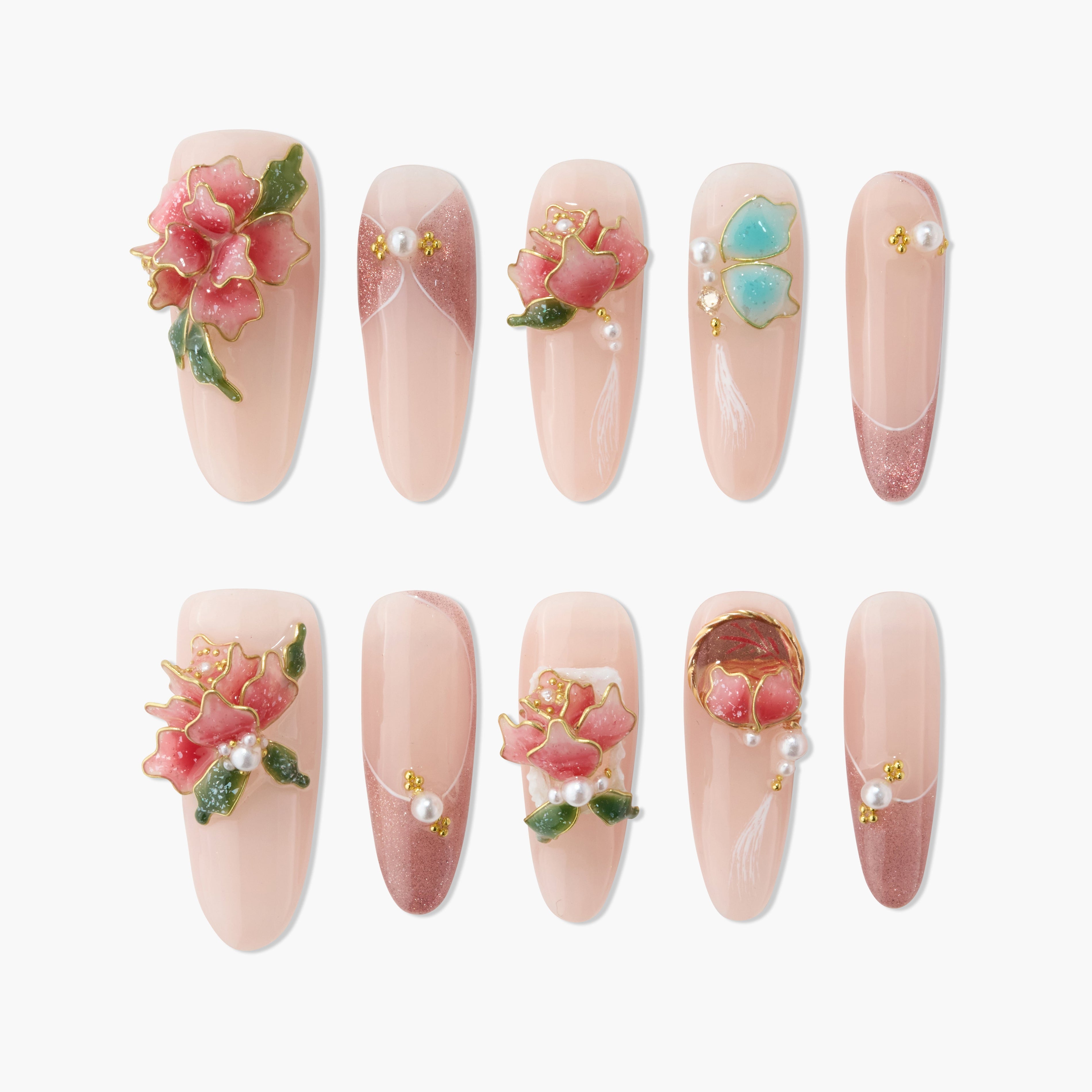 Set of artificial nails with pink floral and pearl 3D designs on nude base