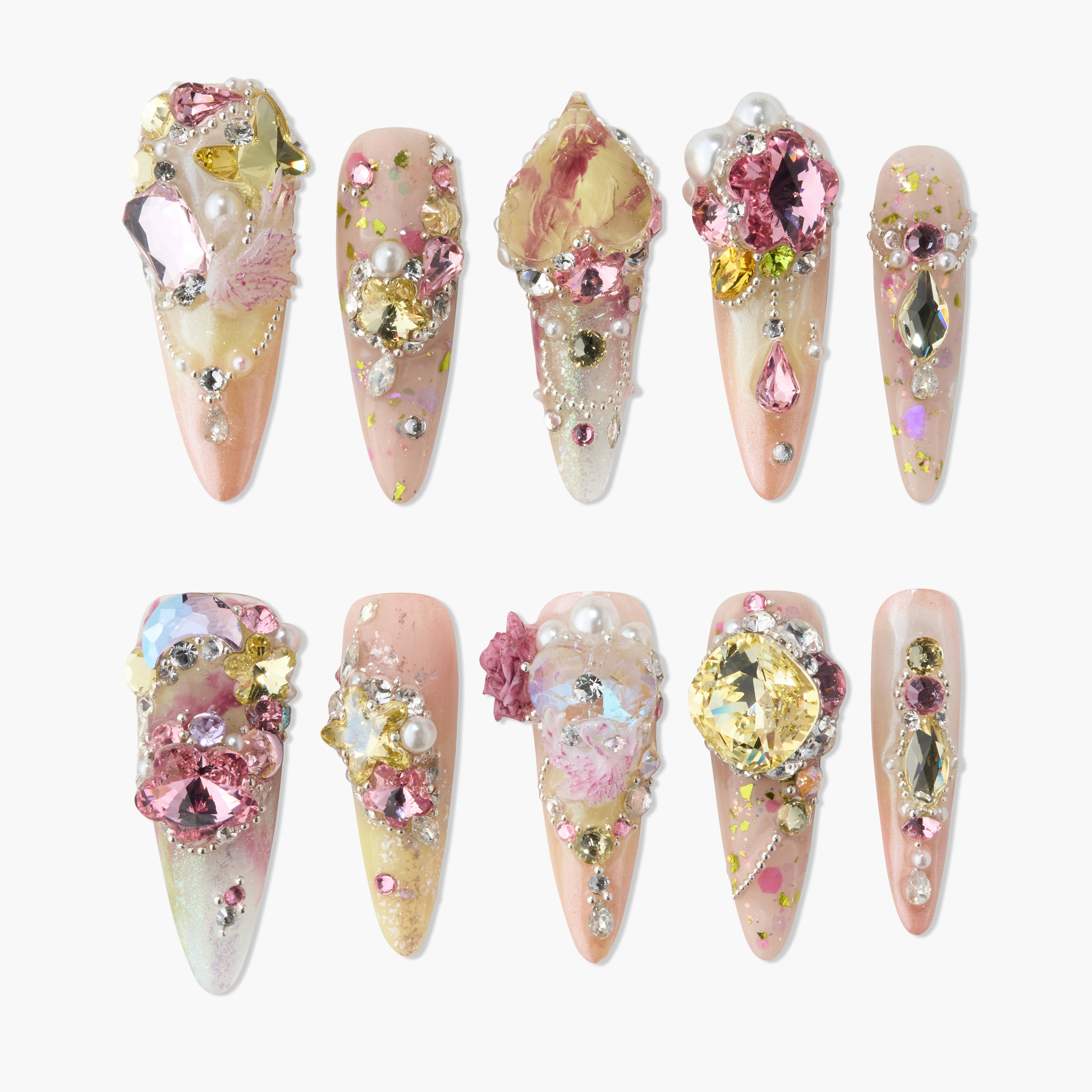 Set of 10 elegant long artificial nails with pink and yellow gem and pearl embellishments