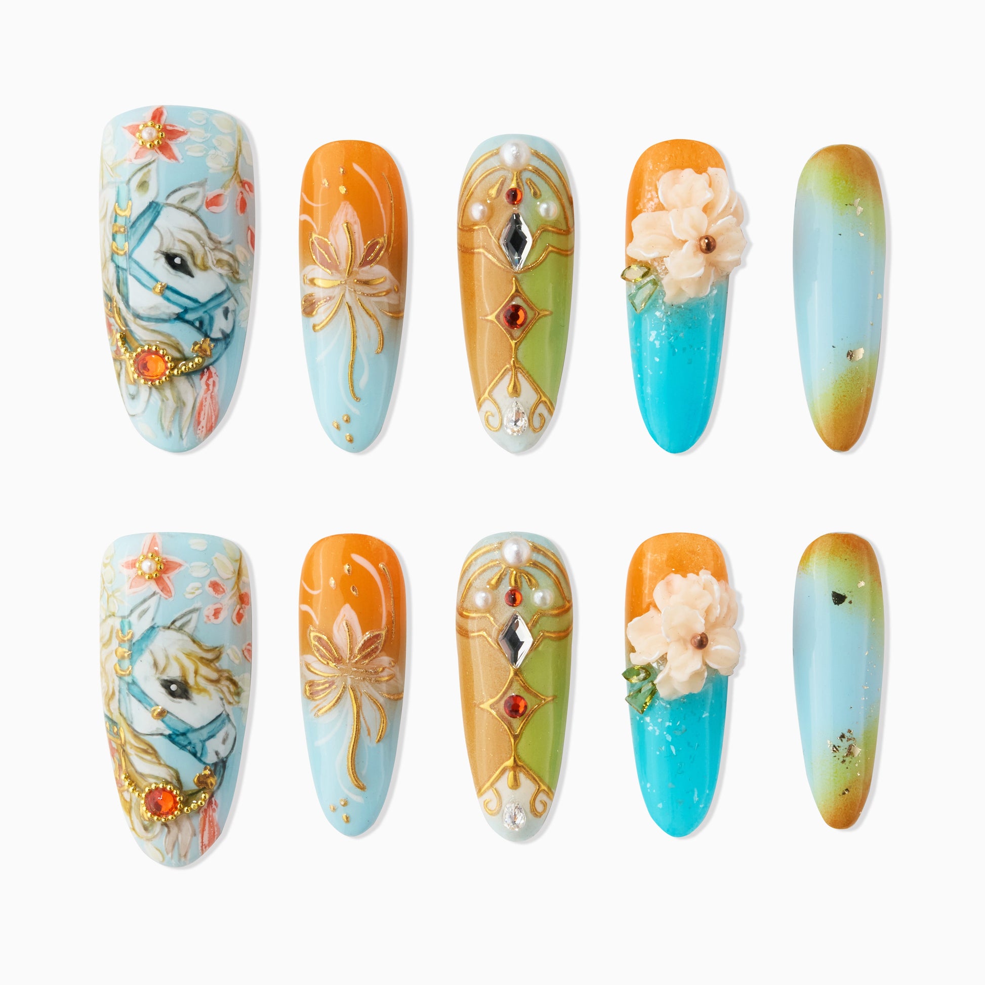 Set of decorative false nails with horse art, floral designs, gemstones, and gradient blue and orange colors