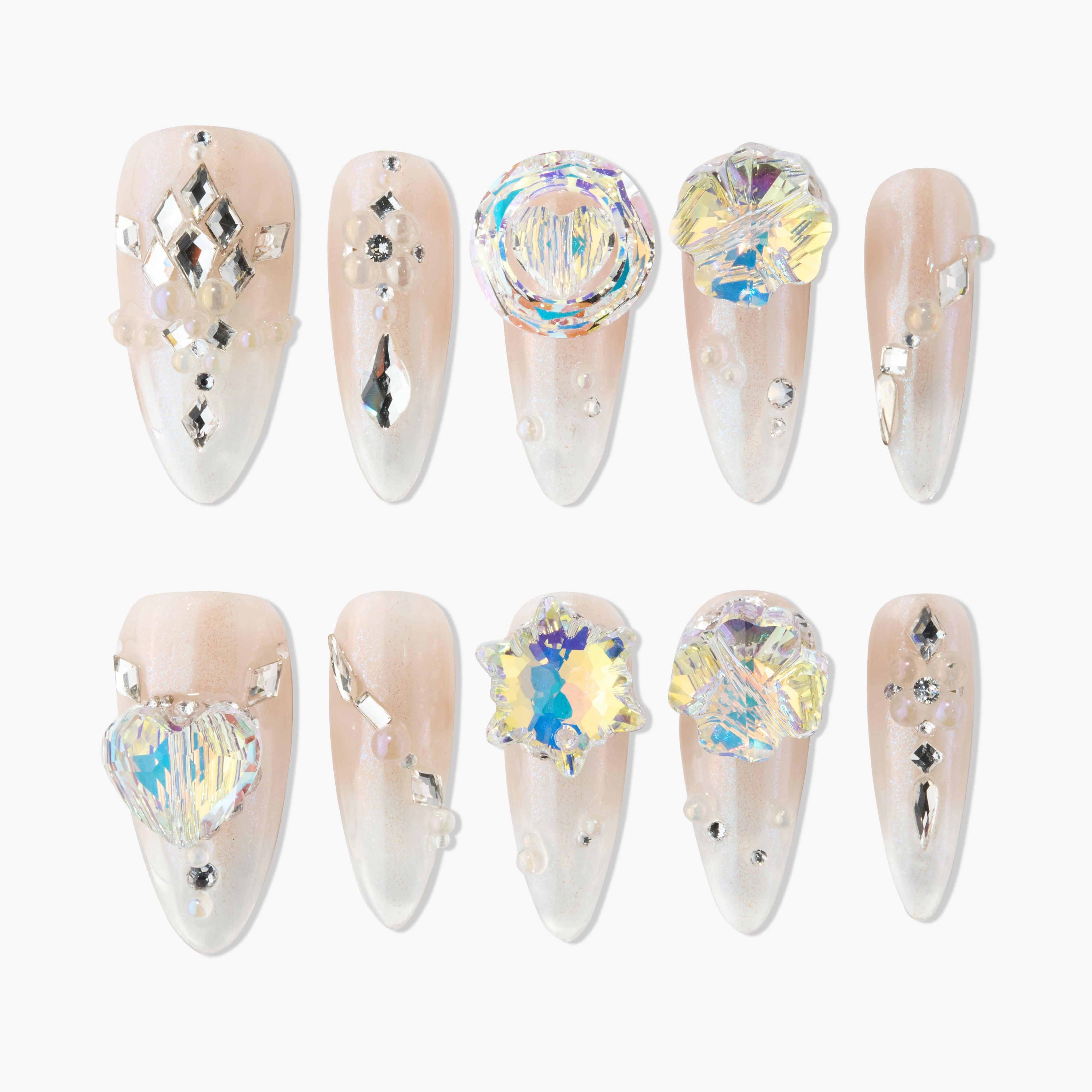 Set of 10 iridescent nude false nails with sparkling crystal and pearl 3D decorations