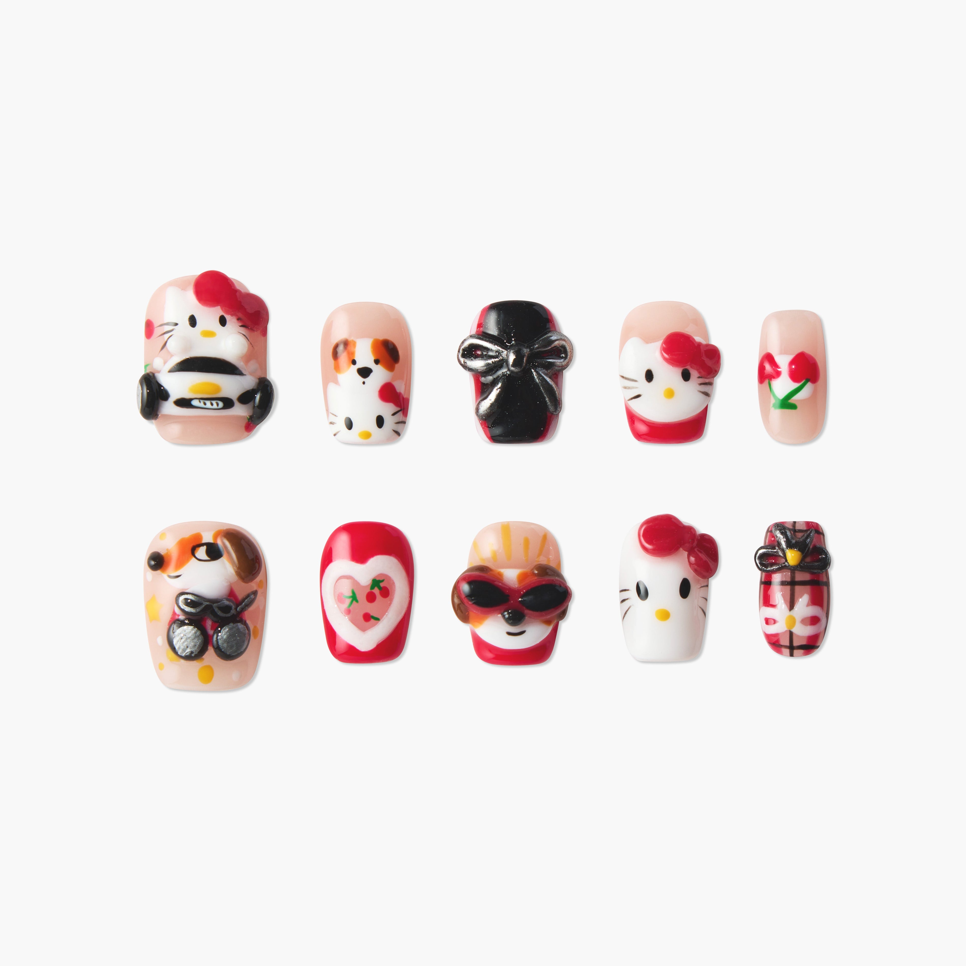 Set of colorful 3D acrylic press-on nails with Hello Kitty, dog, cherries, and bow designs