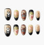 Set of decorative false nails with panda, butterfly, pink flowers, leaves, and gold bamboo designs