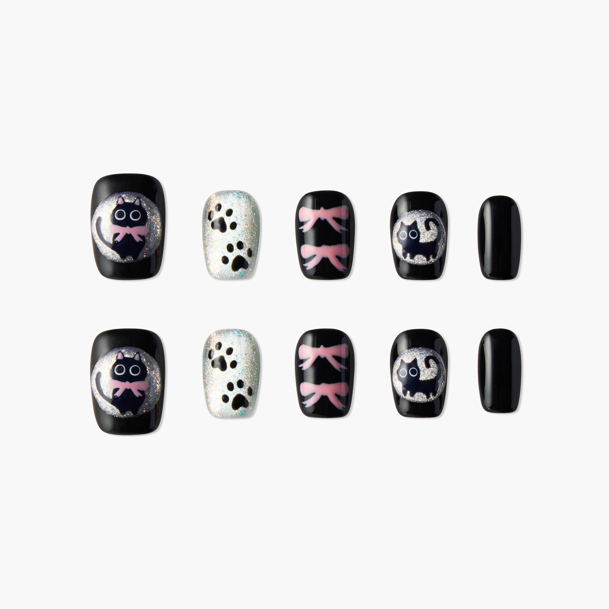Set of black and glittery false nails with cute cat faces, paw prints, and pink bows nail art