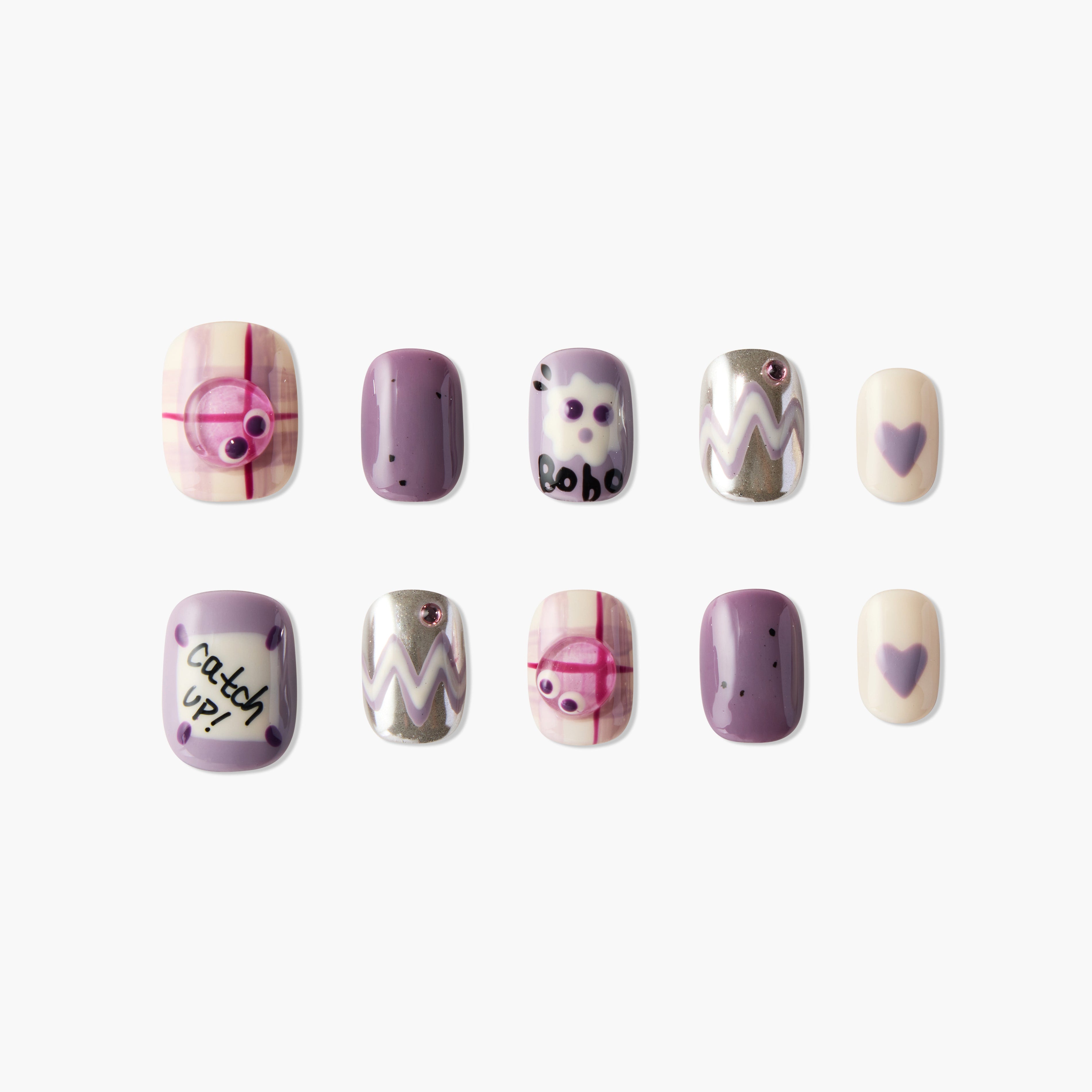 Set of purple and beige false nails with designs including hearts, zigzags, dots, and text on white background