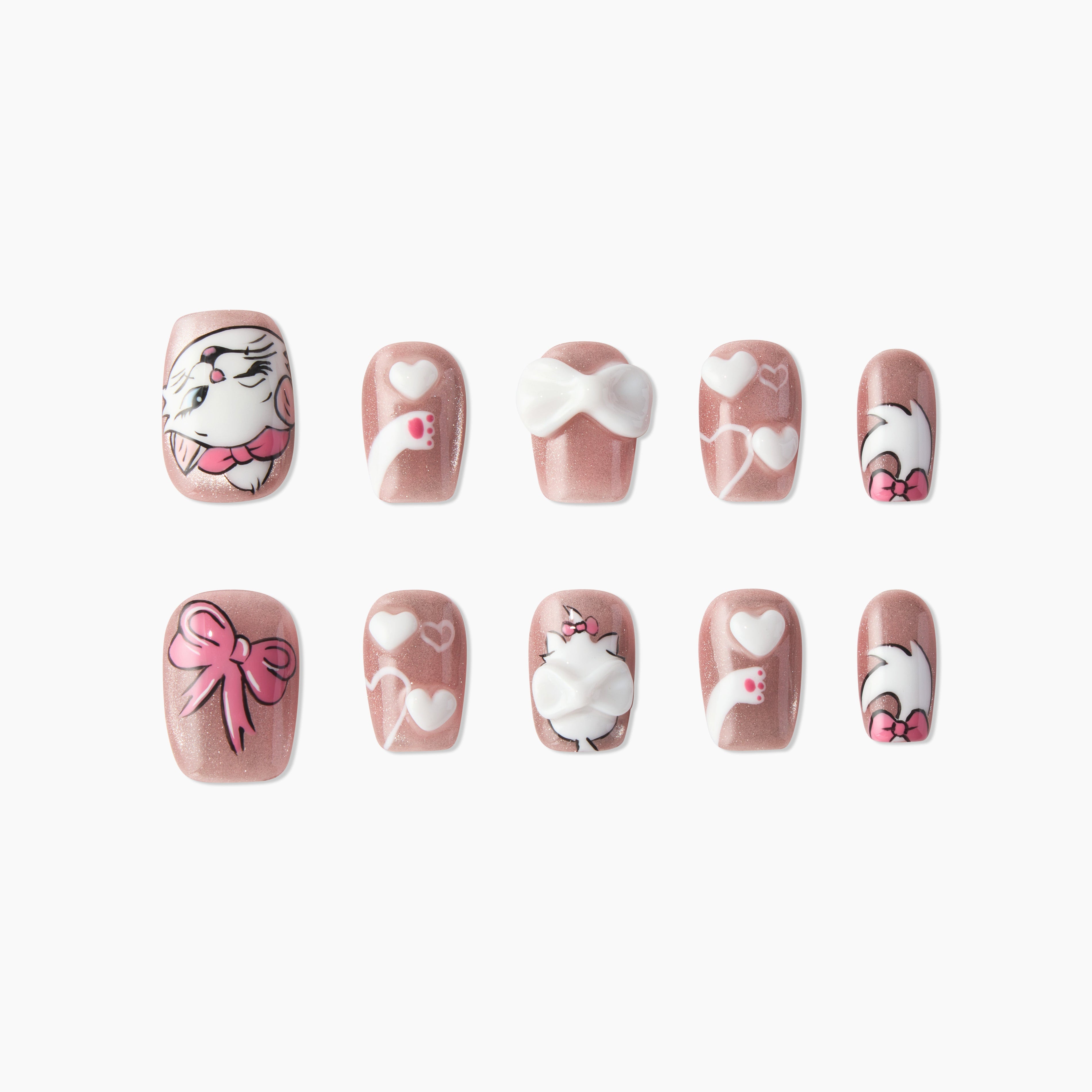 Set of pink glittery press-on nails with white cat, bows, hearts, and paw prints nail art