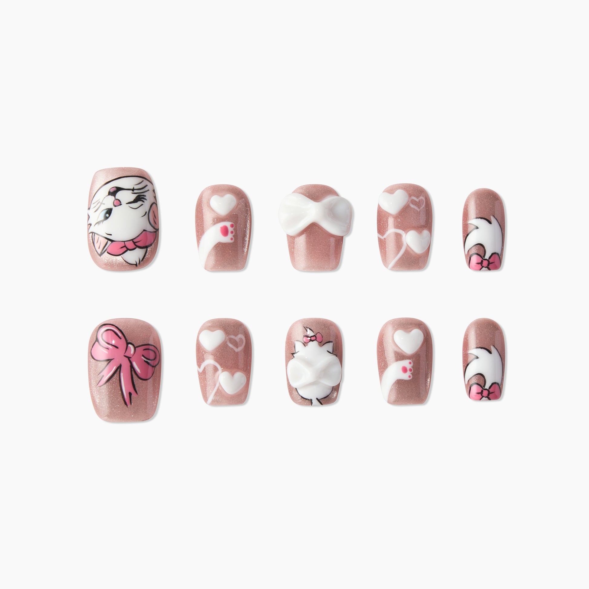 Cute pink handmade press-on nails with cat, bows, hearts, and glittery finish