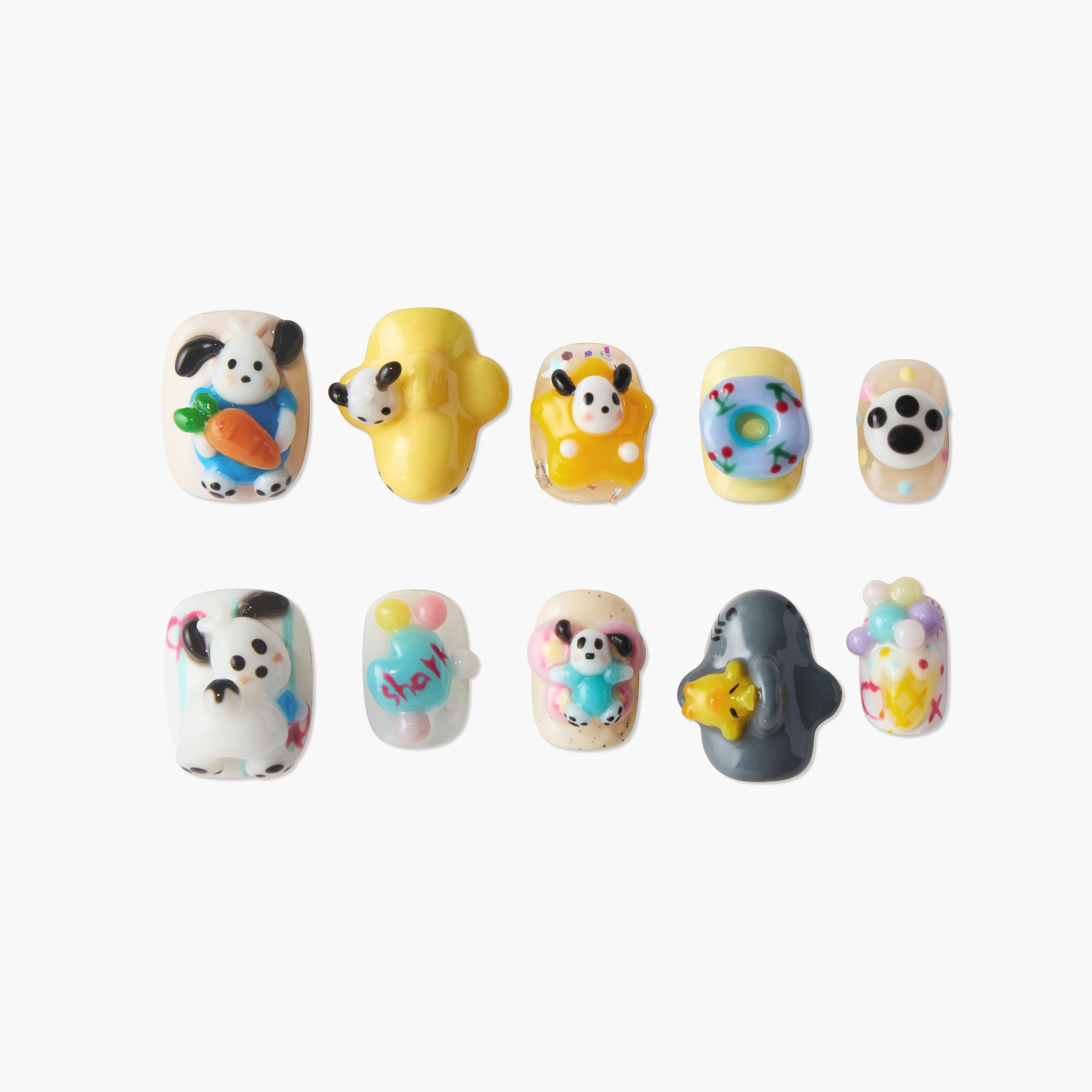 Decorative 3D animal-themed press-on nails with dogs, carrot, donut, and colorful bubble designs