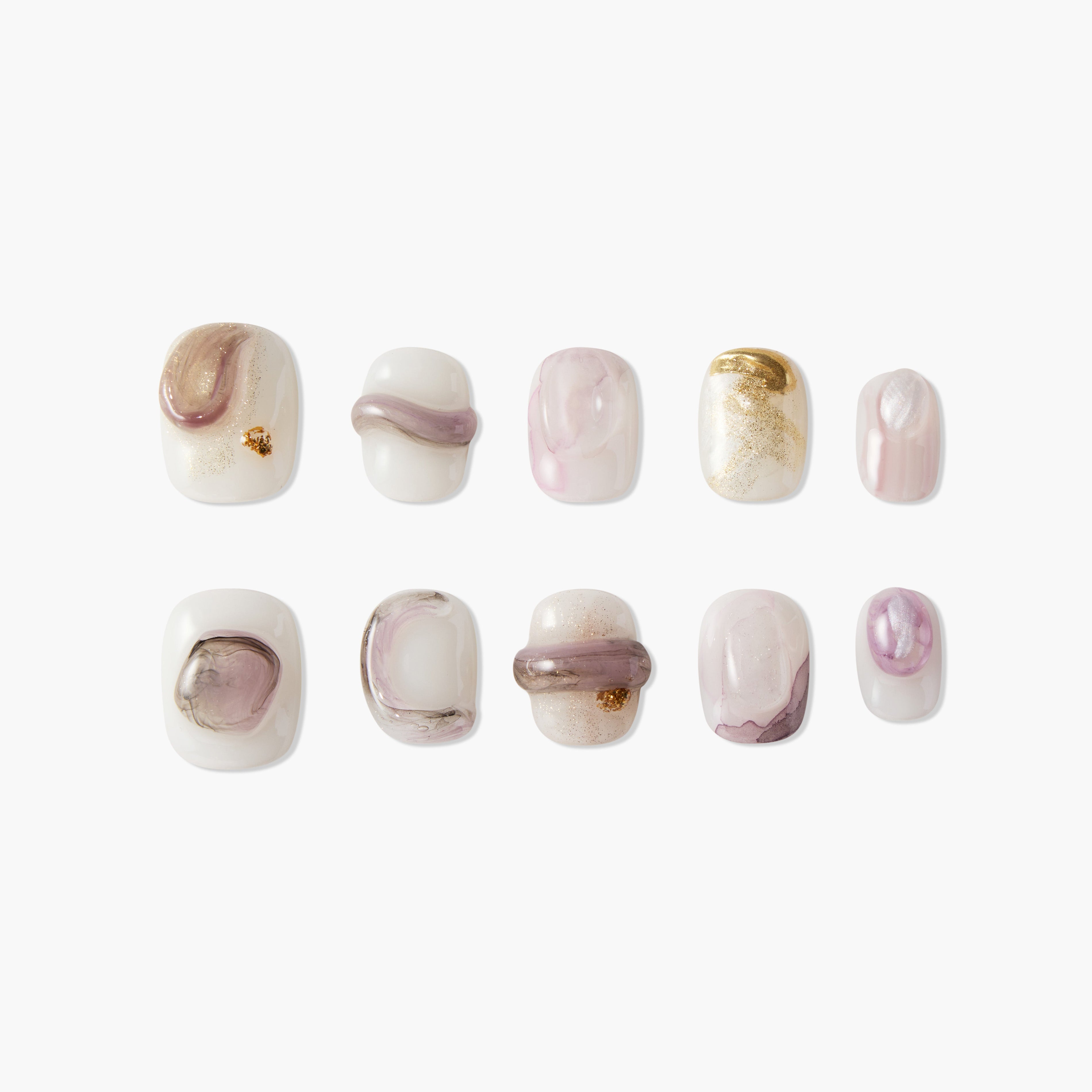 Set of 10 glossy press-on nails with abstract purple, gold, and pink watercolor designs