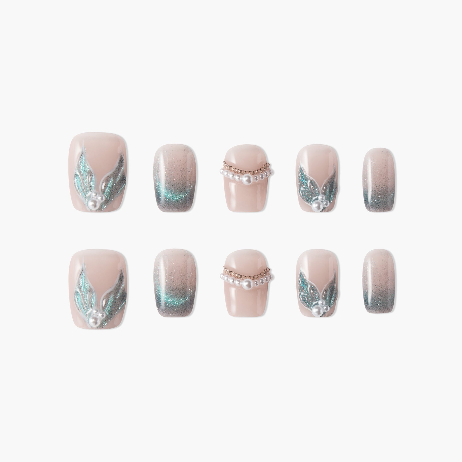 Set of beige press-on nails with metallic blue leaf designs and pearl embellishments