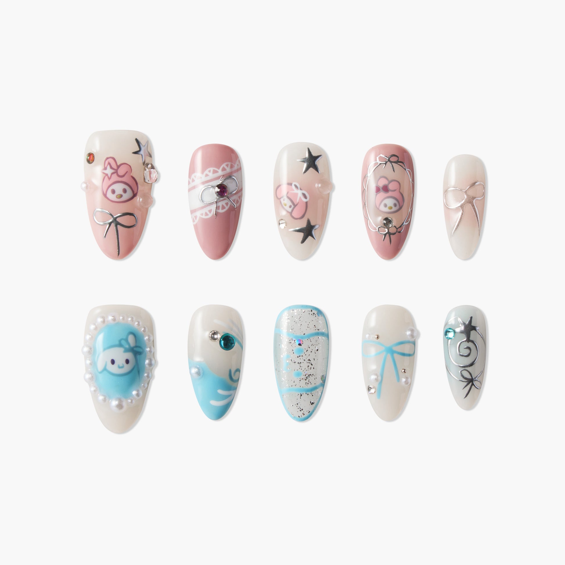 Handmade press-on nails with cute cartoon, bow, star, and pearl designs in pink and blue tones