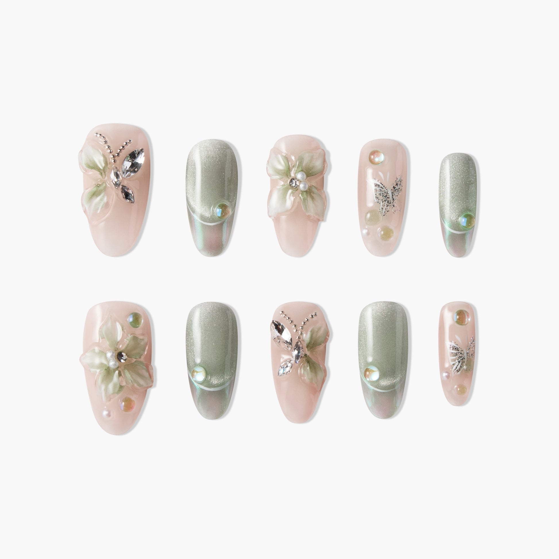 Handmade press-on nails with 3D floral designs, pearls, crystals, and butterfly accents in pink and green.