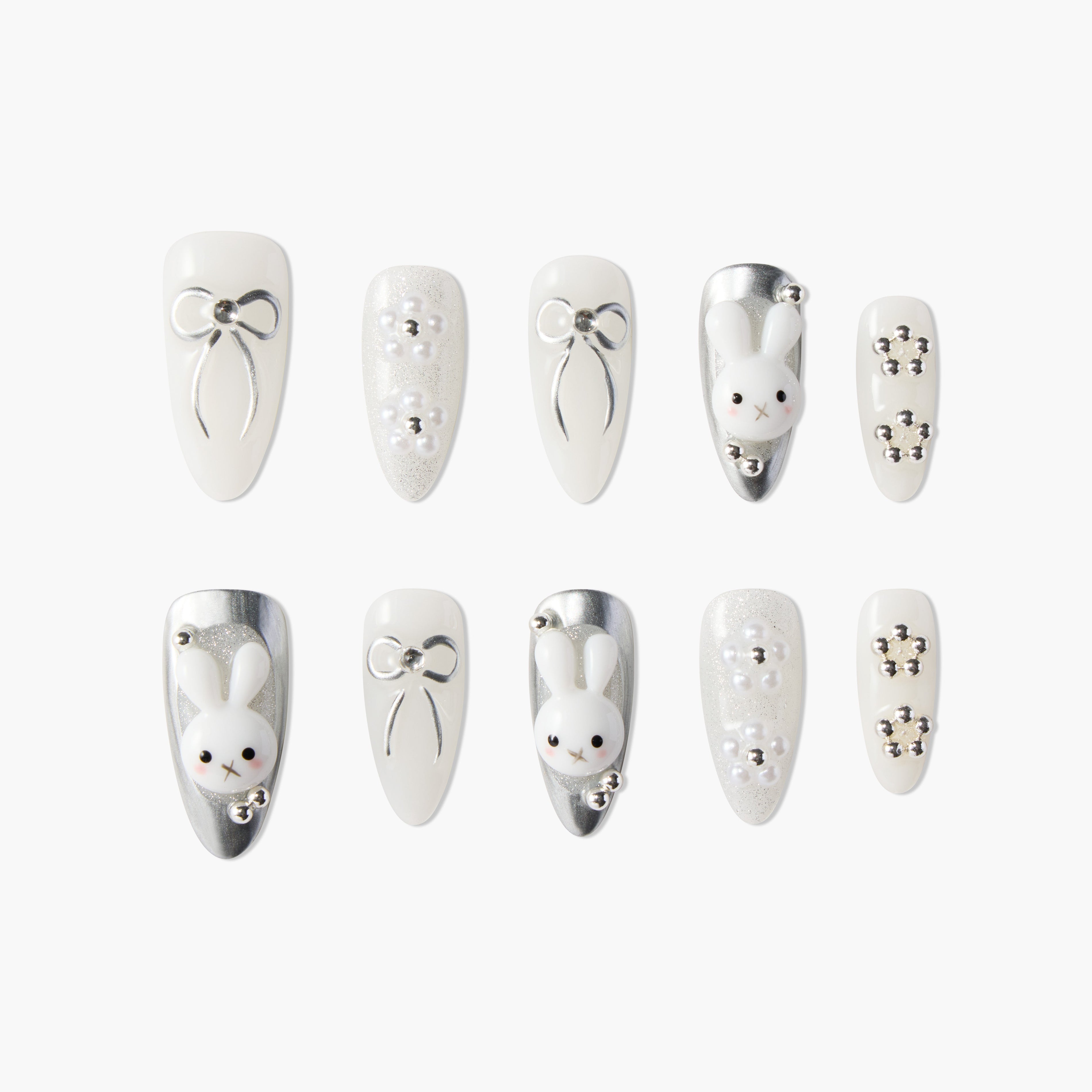 Set of white and silver long false nails with 3D bunny faces, bows, and pearl flower designs