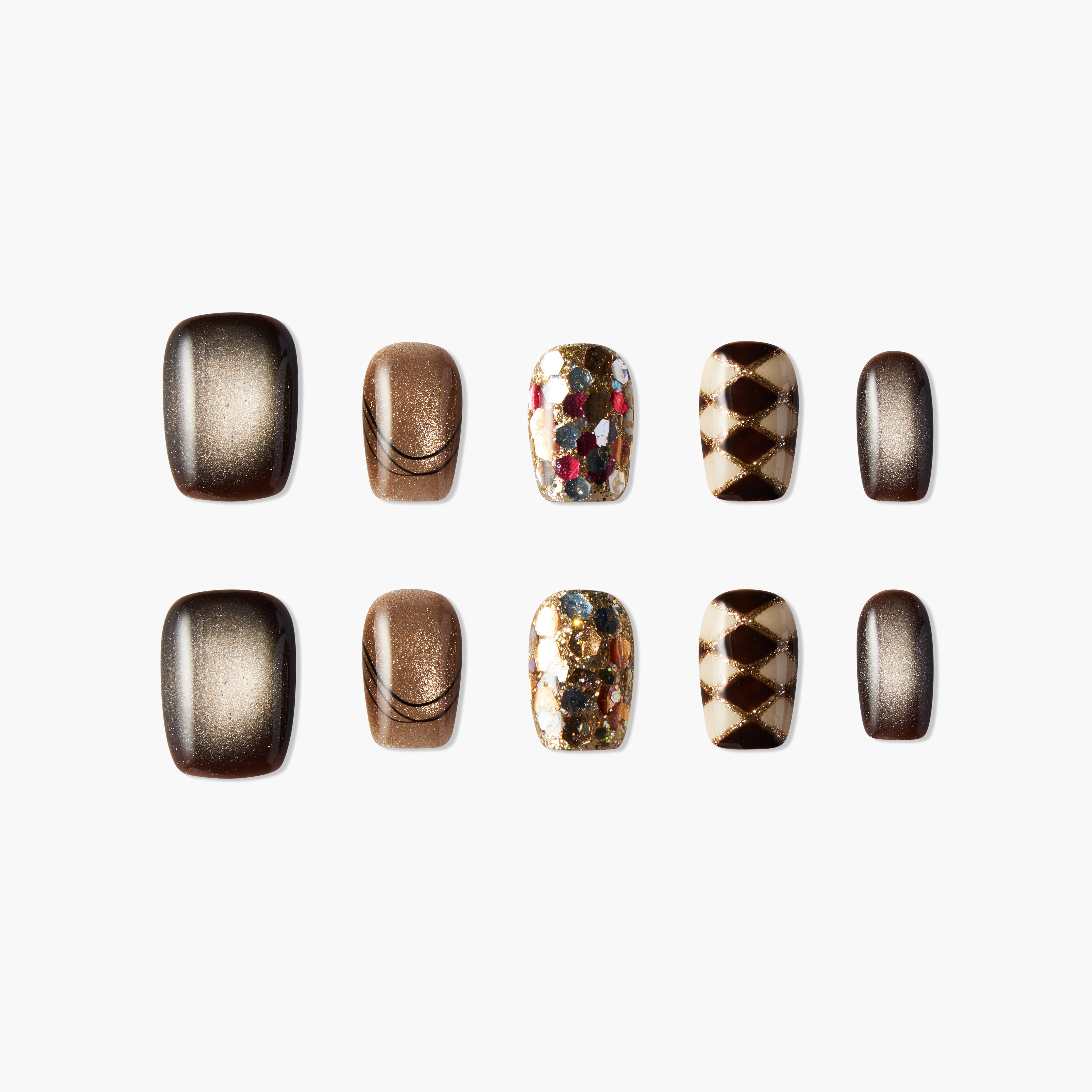 Set of decorative press-on nails with glitter, gold accents, and geometric patterns in brown and beige tones