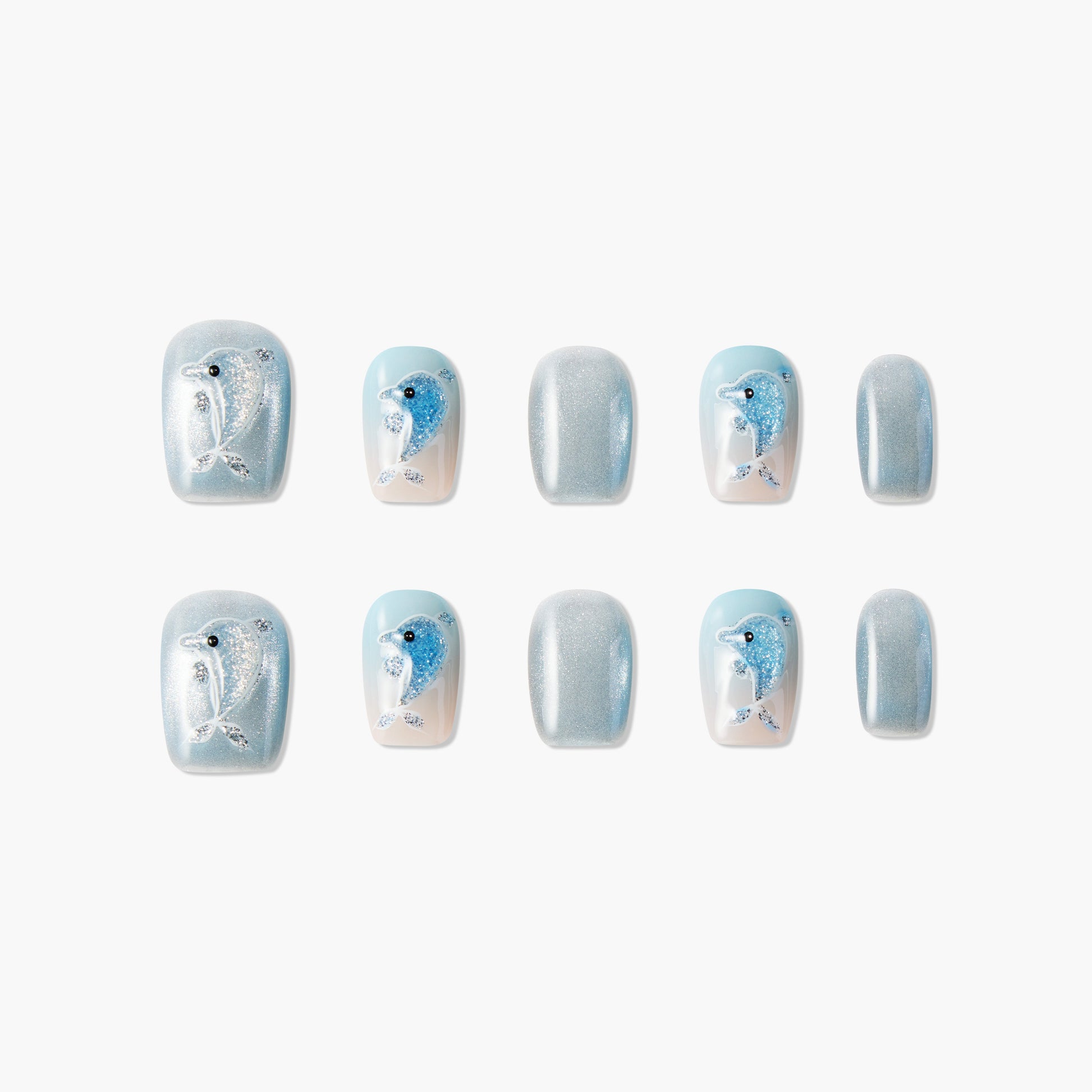 Handmade press-on nails with glittery blue dolphin designs and light blue shimmer accents