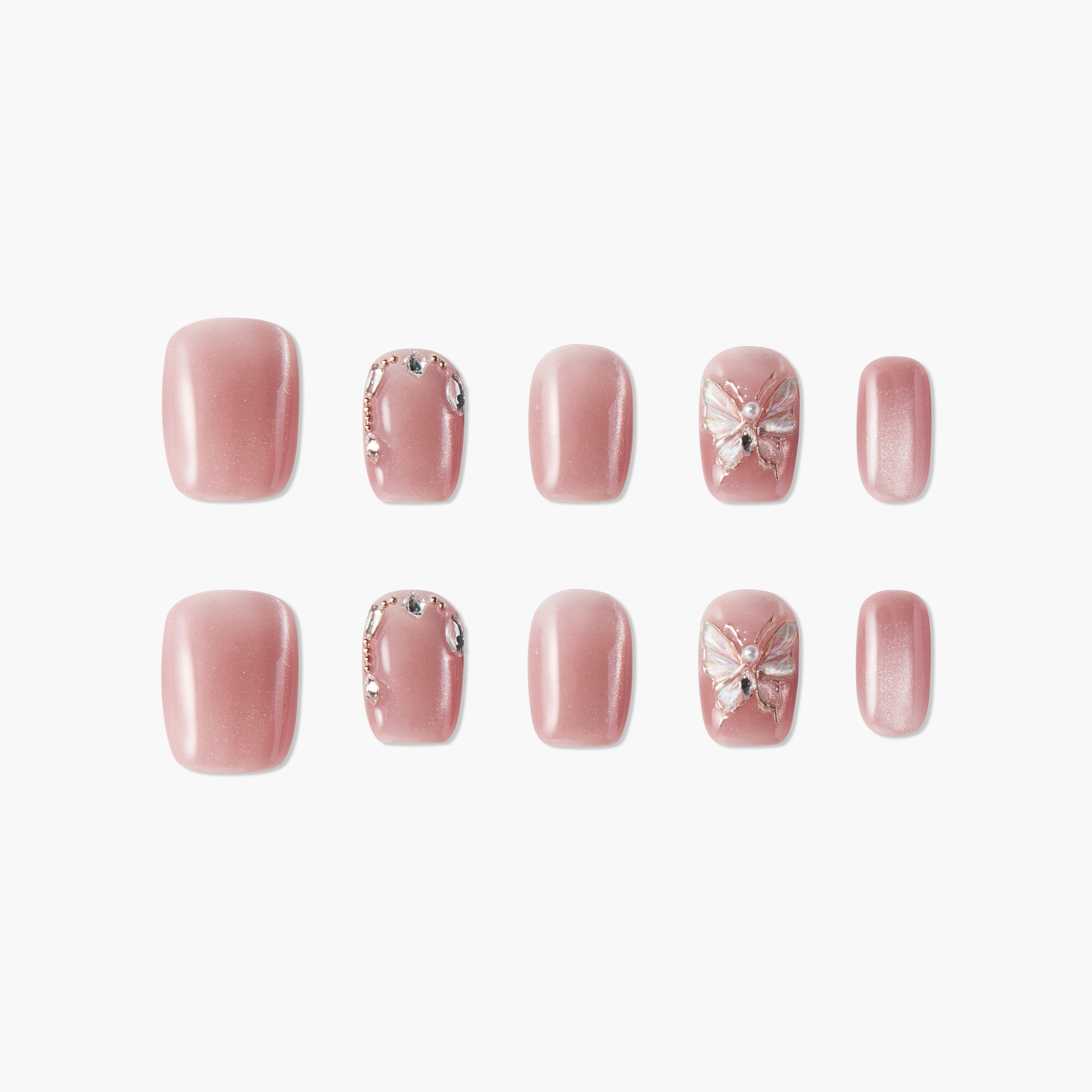 Set of glossy pink press-on nails with rhinestone accents and 3D butterfly design