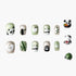 Set of green and beige shimmery press-on nails with panda, bamboo, apple, and paw print designs