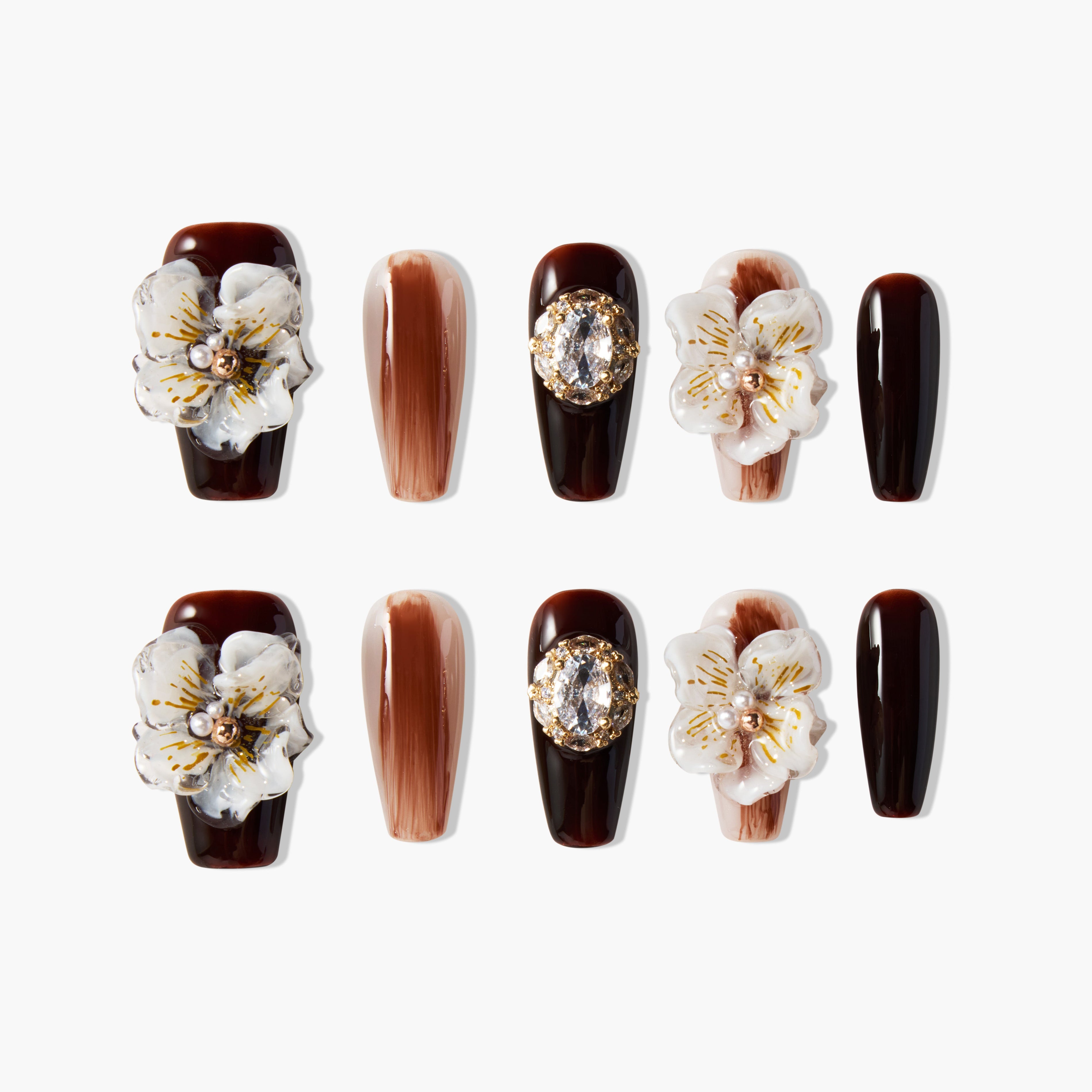 Set of brown and beige false nails with 3D white flowers and rhinestone accents