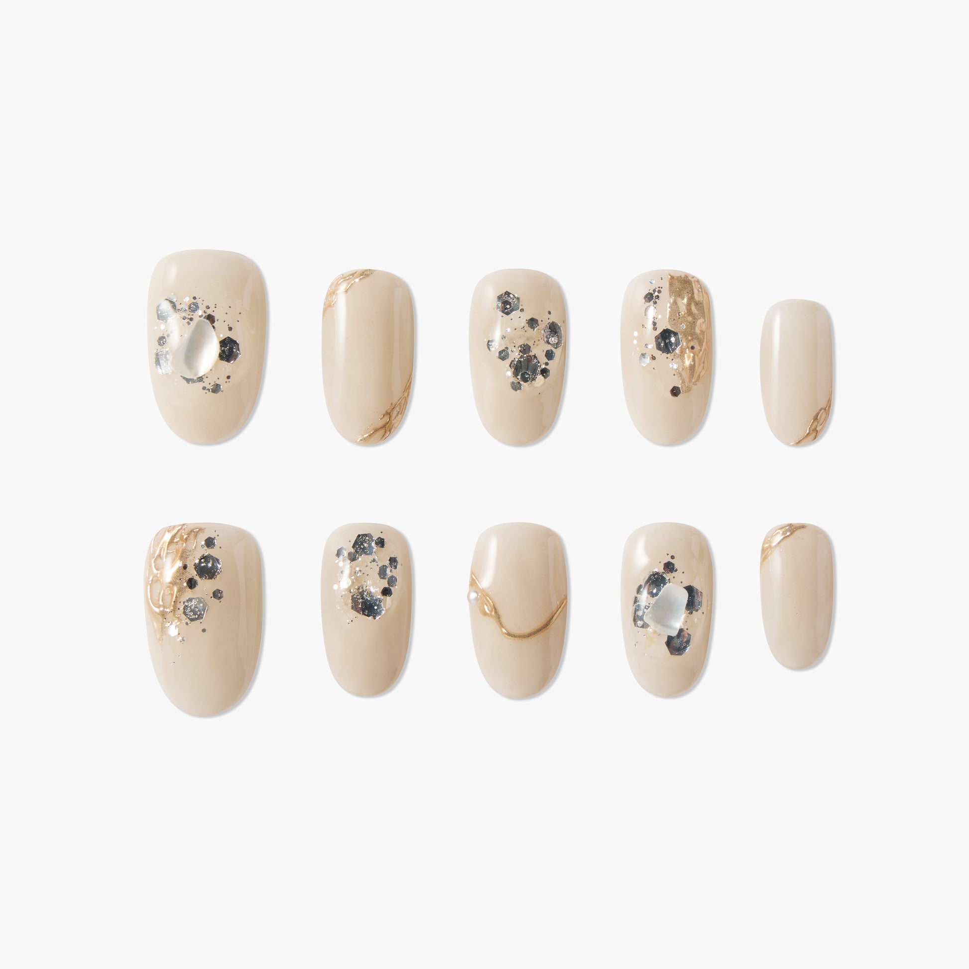 Beige press-on nails with gold marbling and black glitter accents, displayed on white background.