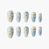 Set of 10 blue and white gradient artificial nails with 3D yellow flower and rhinestone details