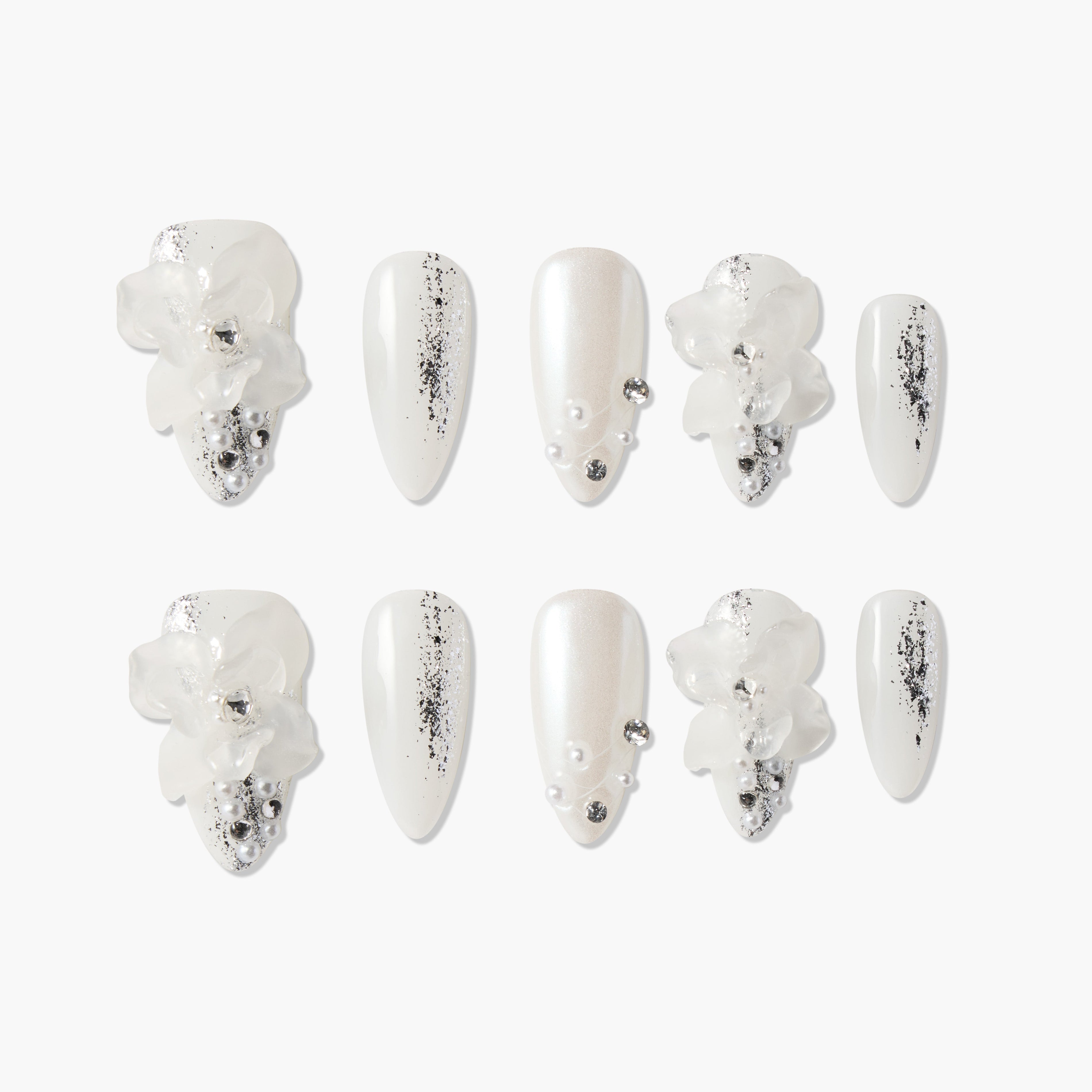 Set of white false nails with glitter, clear 3D flowers, pearls, and rhinestone accents