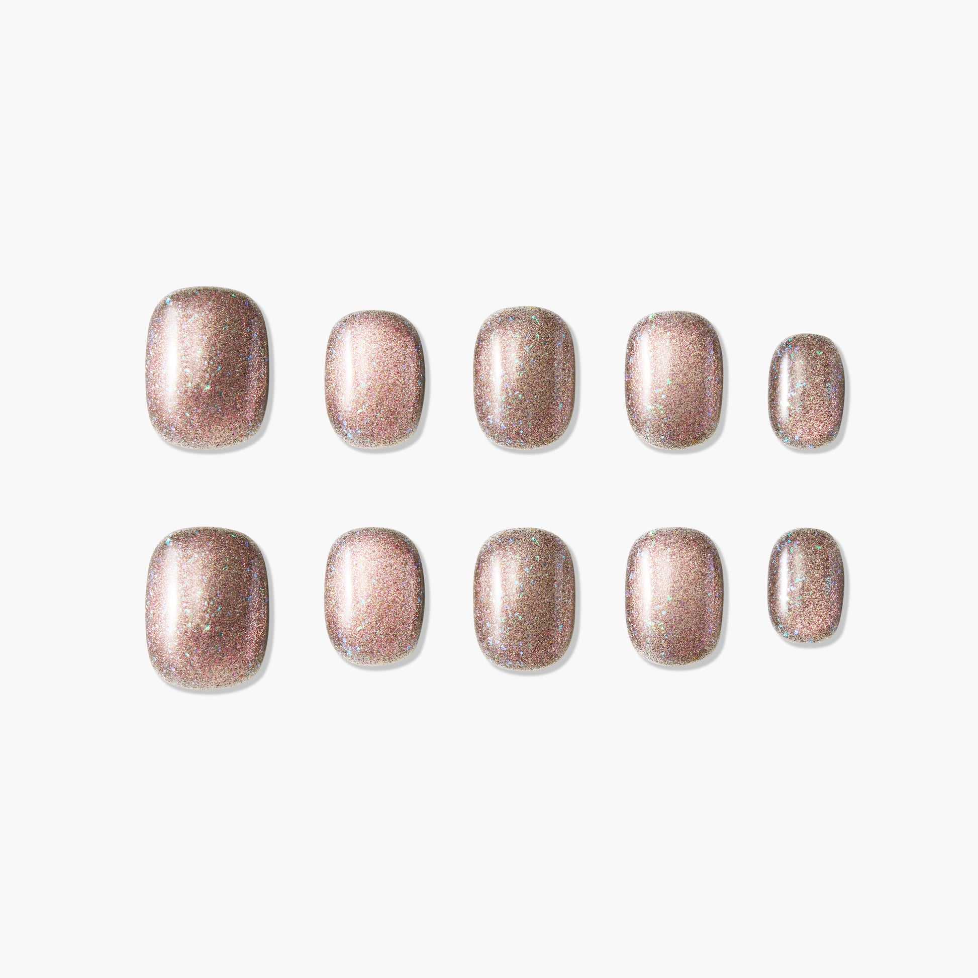 Set of glittery rose gold press-on nails with a square shape, displayed on white background.