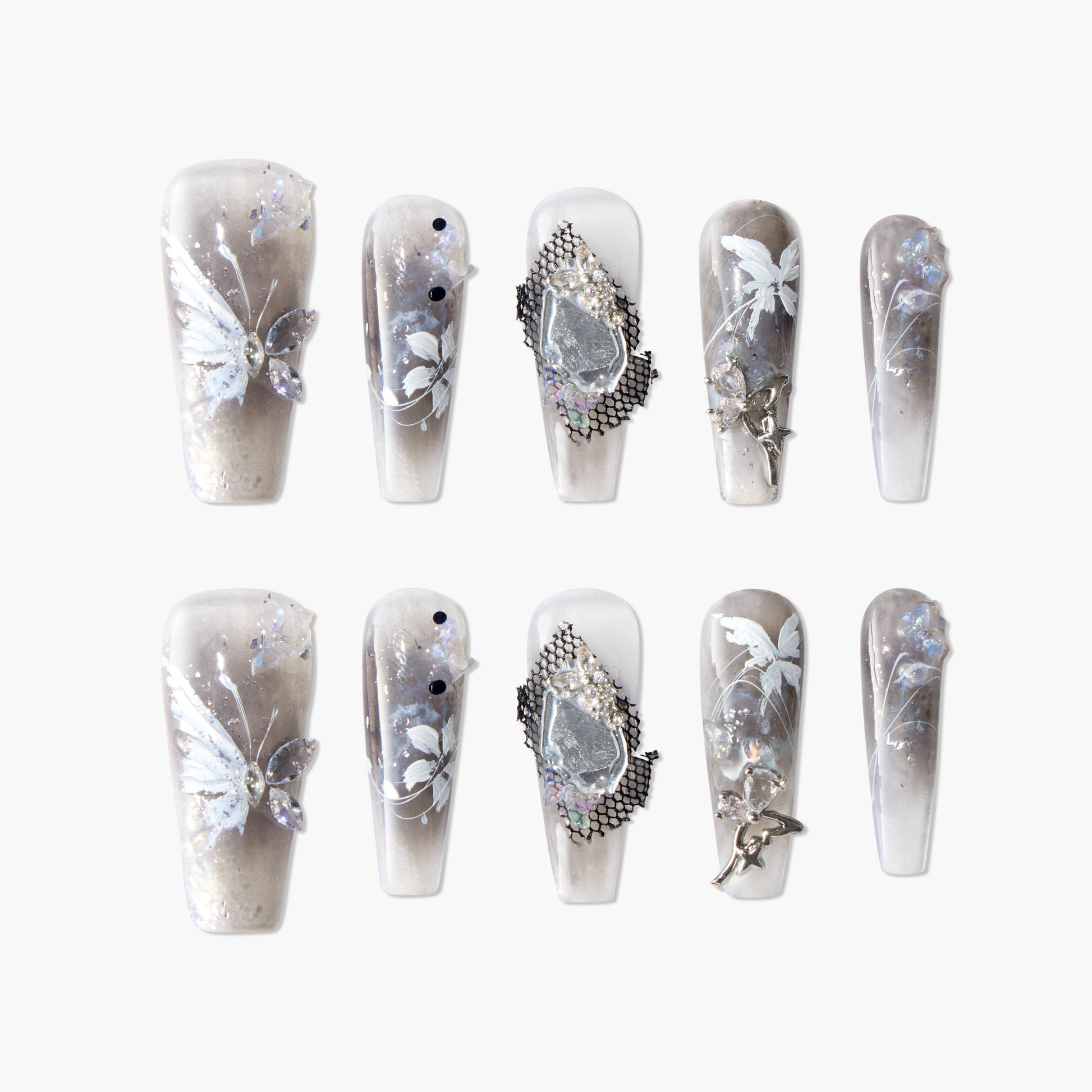 Handmade press-on nails with butterfly design, silver 3D gems, and iridescent accents