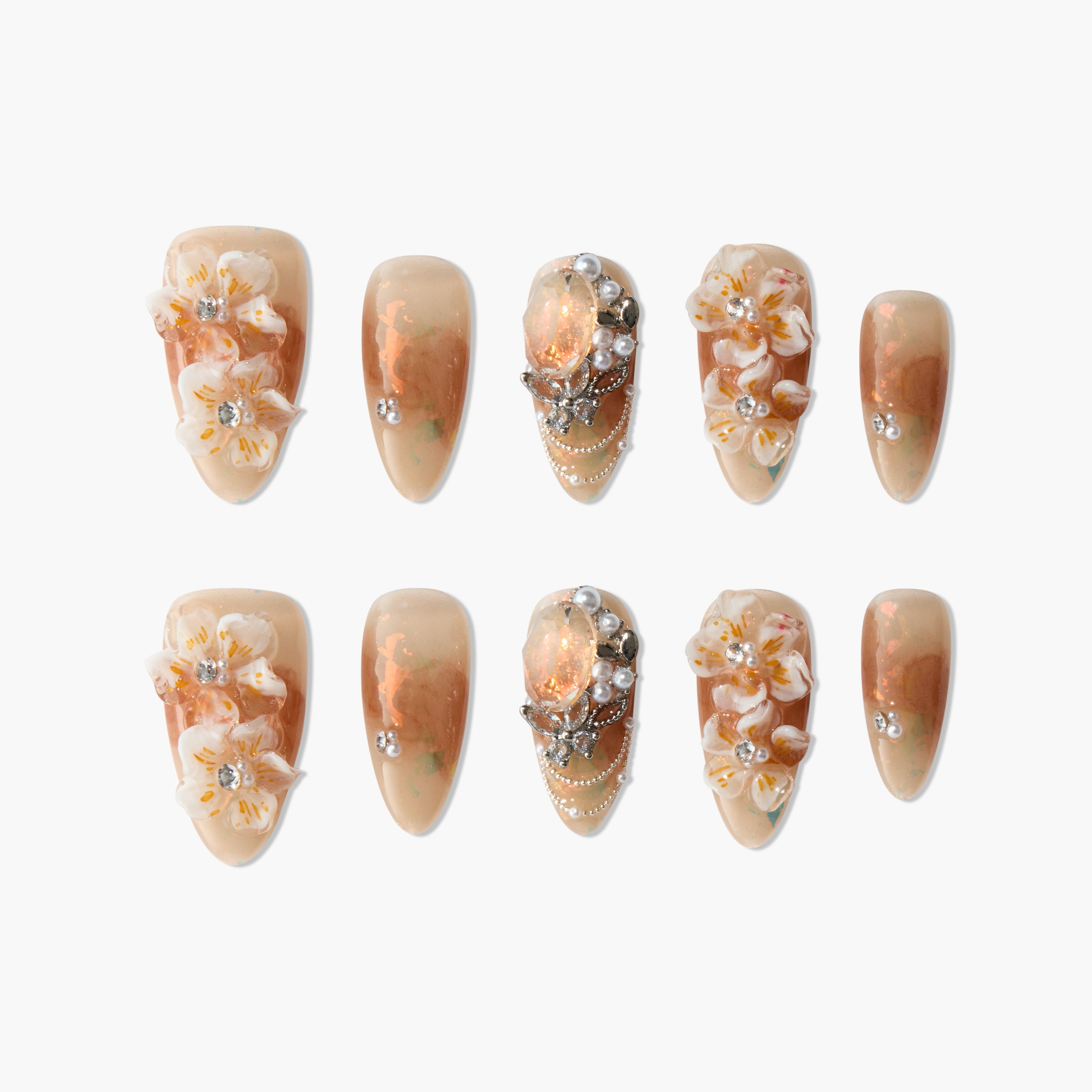 Set of beige and brown ombre press-on nails with 3D floral designs and pearl jewel accents