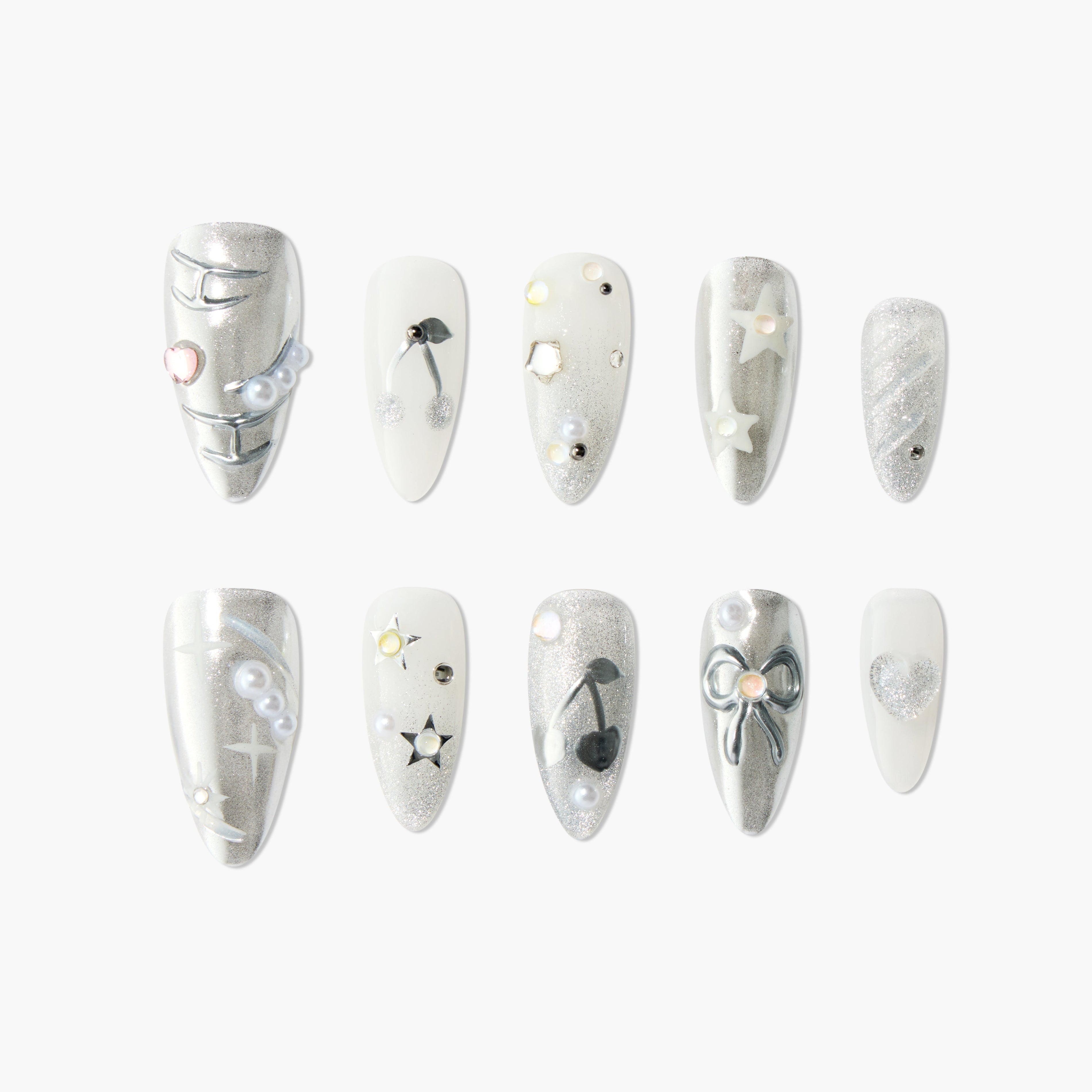 Set of silver and white glittery press-on nails with pearl and heart embellishments