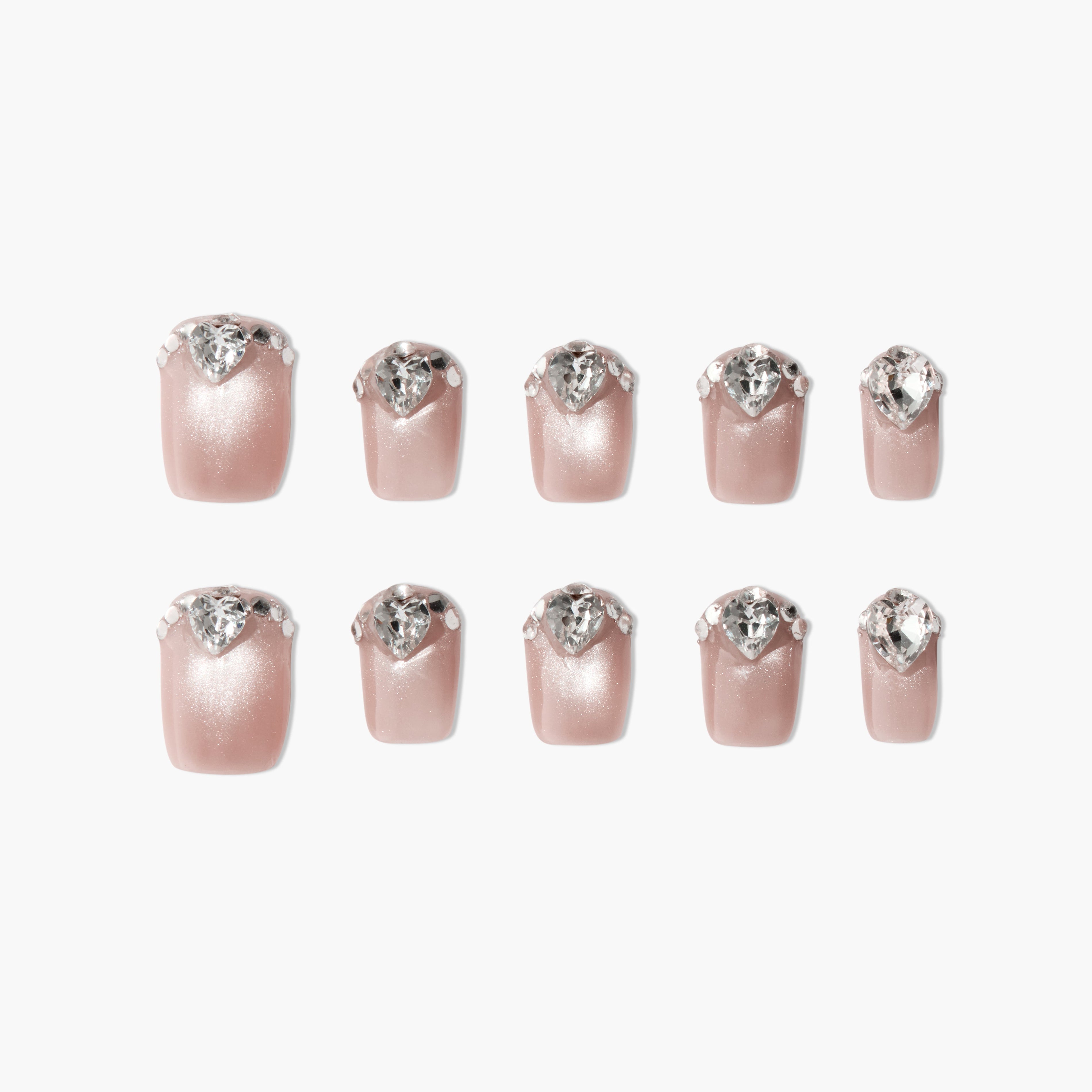 Set of 10 shimmering nude pink press-on nails with clear teardrop rhinestone accents