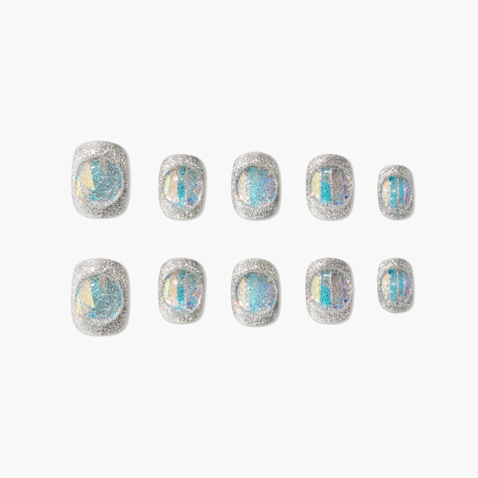 Set of 10 holographic blue and silver glitter press-on nails with iridescent designs