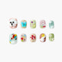 Set of 10 colorful 3D textured press-on nails with designs including dog, butterfly, fish, balloon, mushroom, and flowers