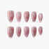 Set of pink glitter press-on nails with hand-painted rose and leaf designs and rhinestone accents