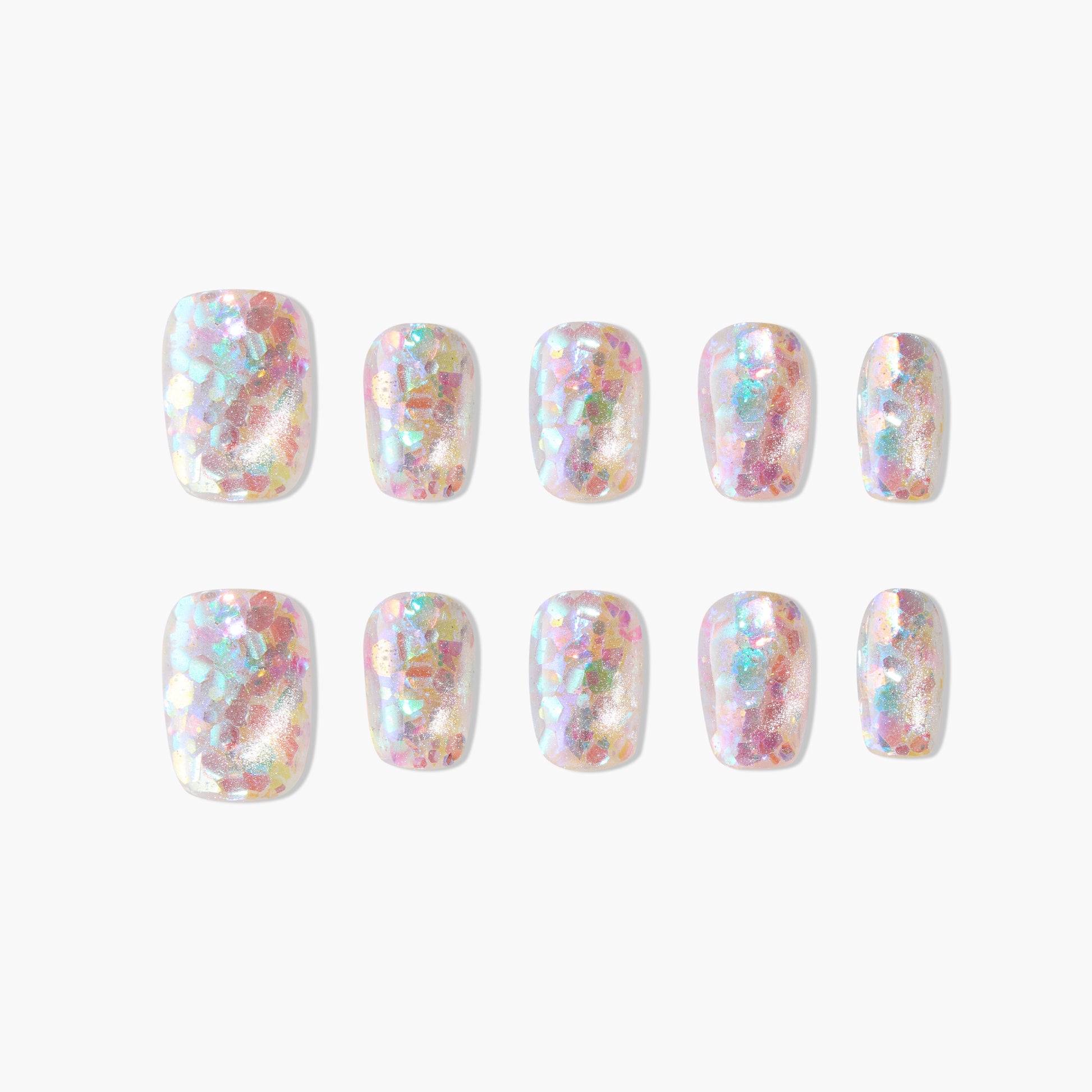Set of iridescent glitter press-on nails with multicolor confetti on a white background.
