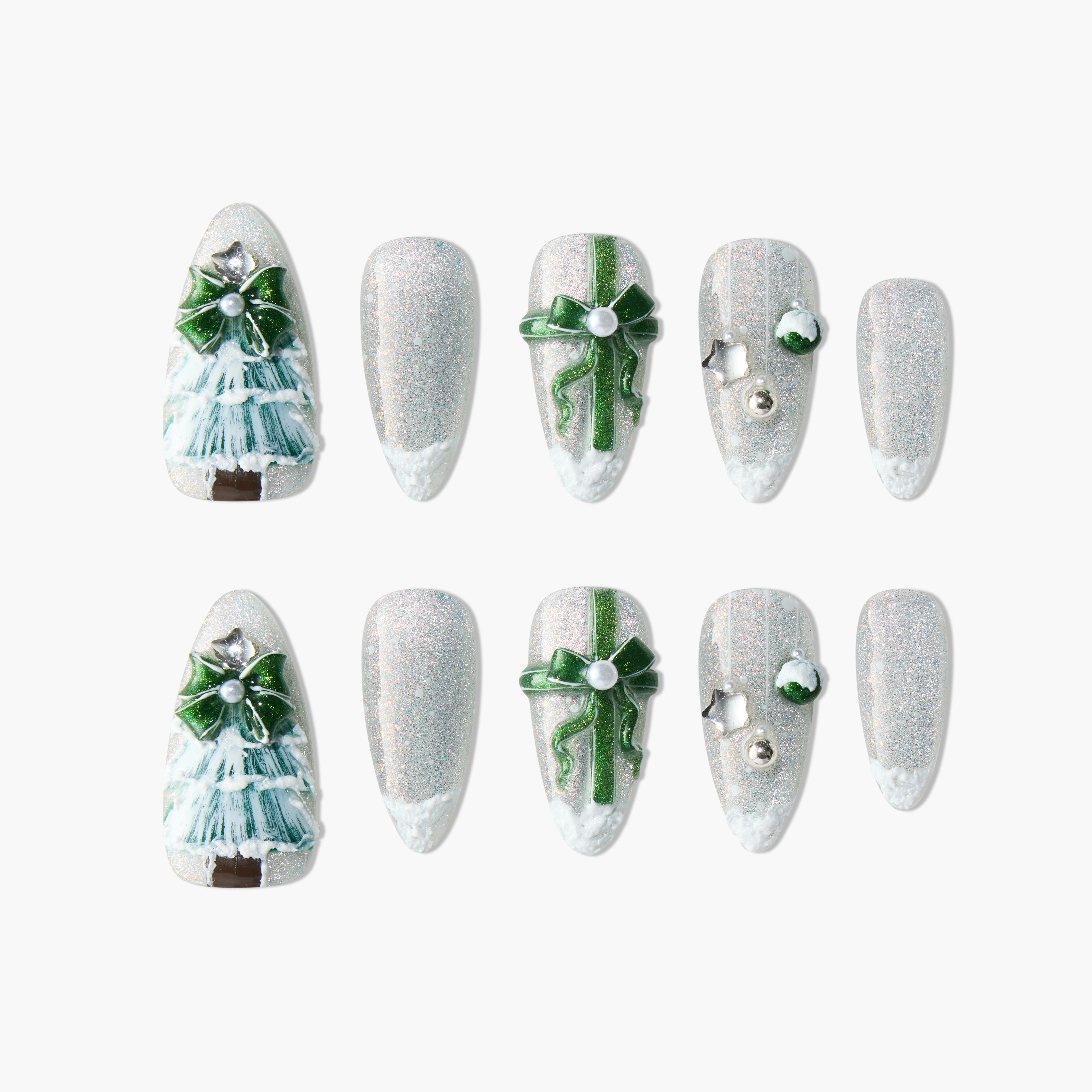Set of glittery silver Christmas-themed press-on nails with 3D green tree, bow, and ornament designs