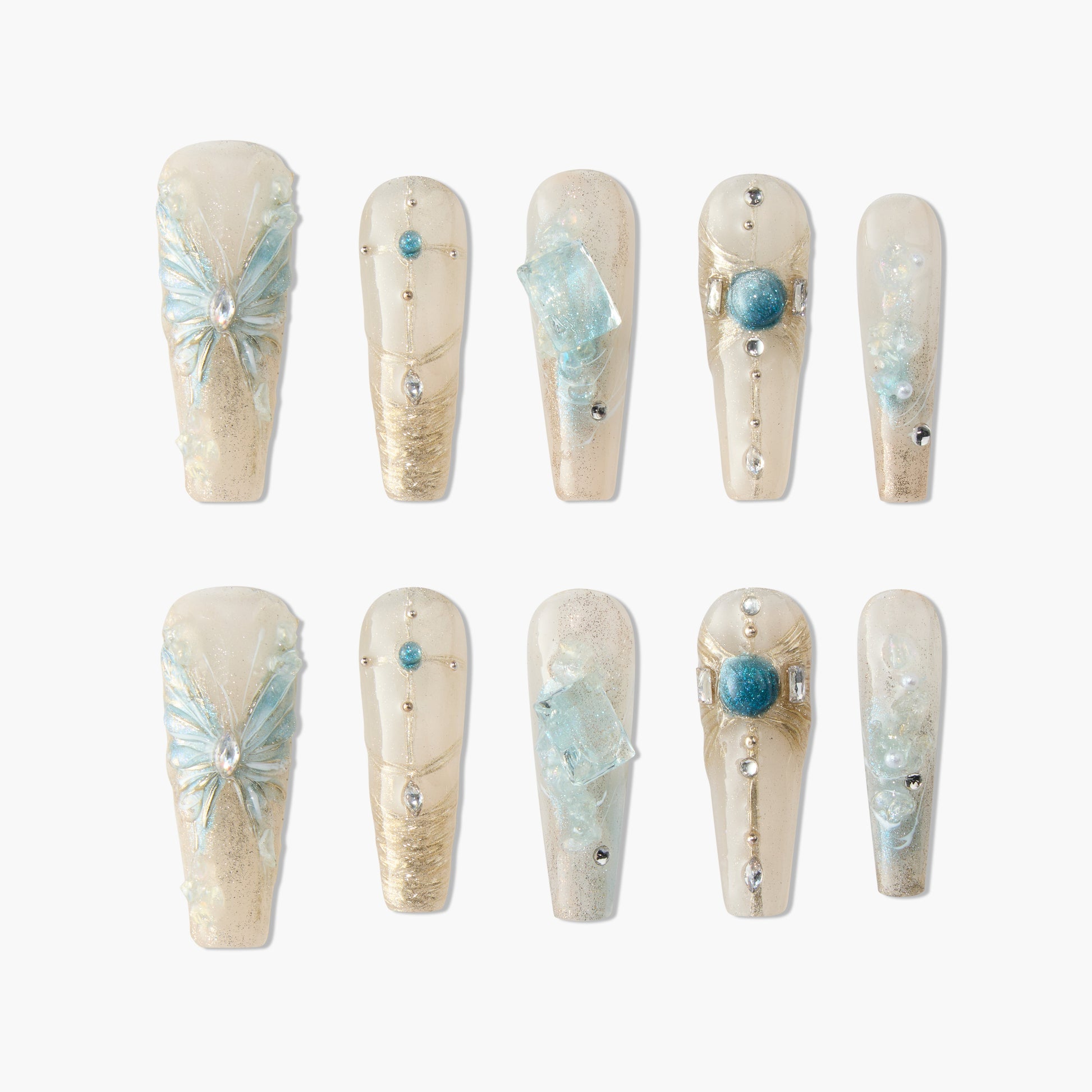 Set of 10 translucent beige and blue 3D embellished press-on nails with butterfly and gem designs