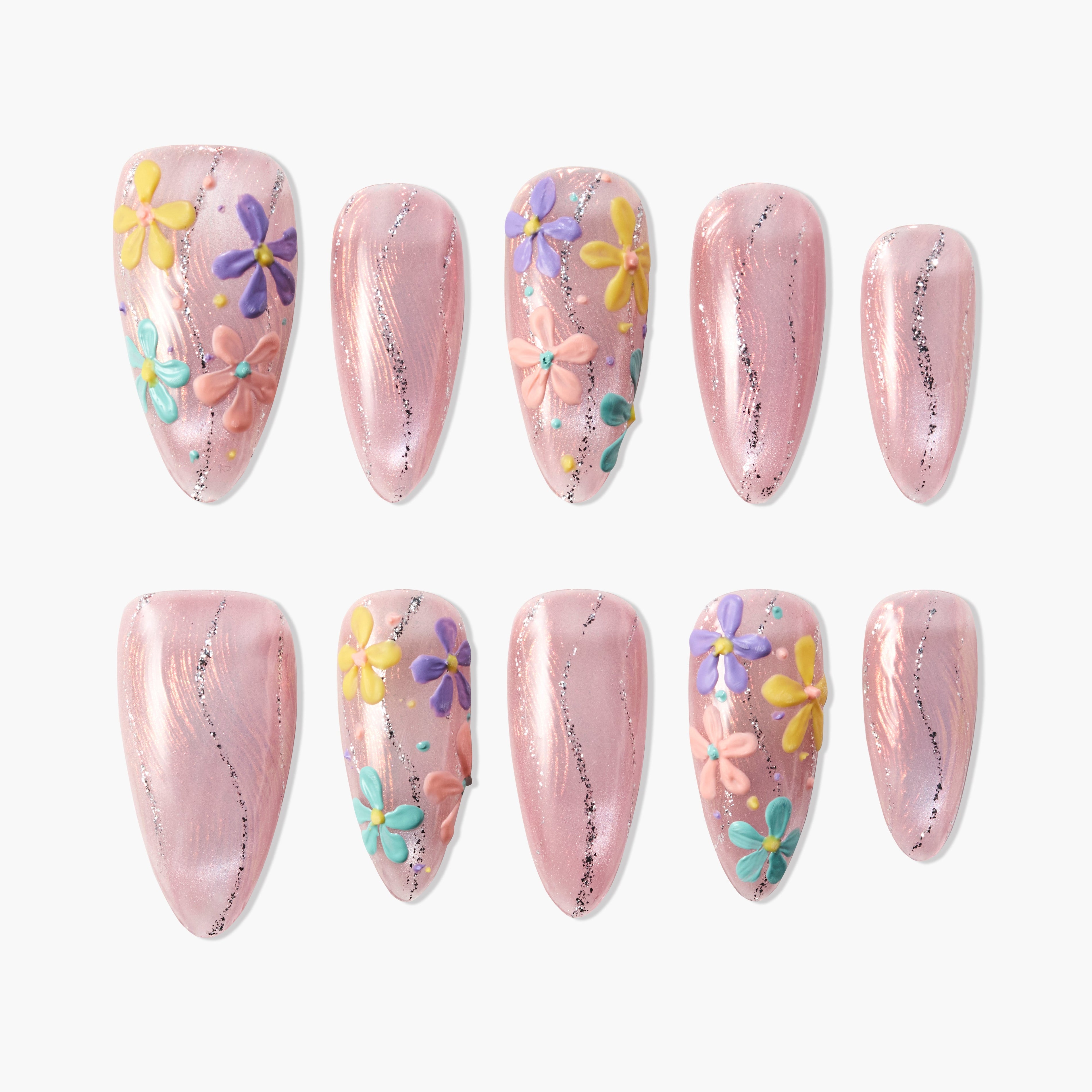 Set of pink shimmer press-on nails with glitter stripes and colorful 3D flower nail art