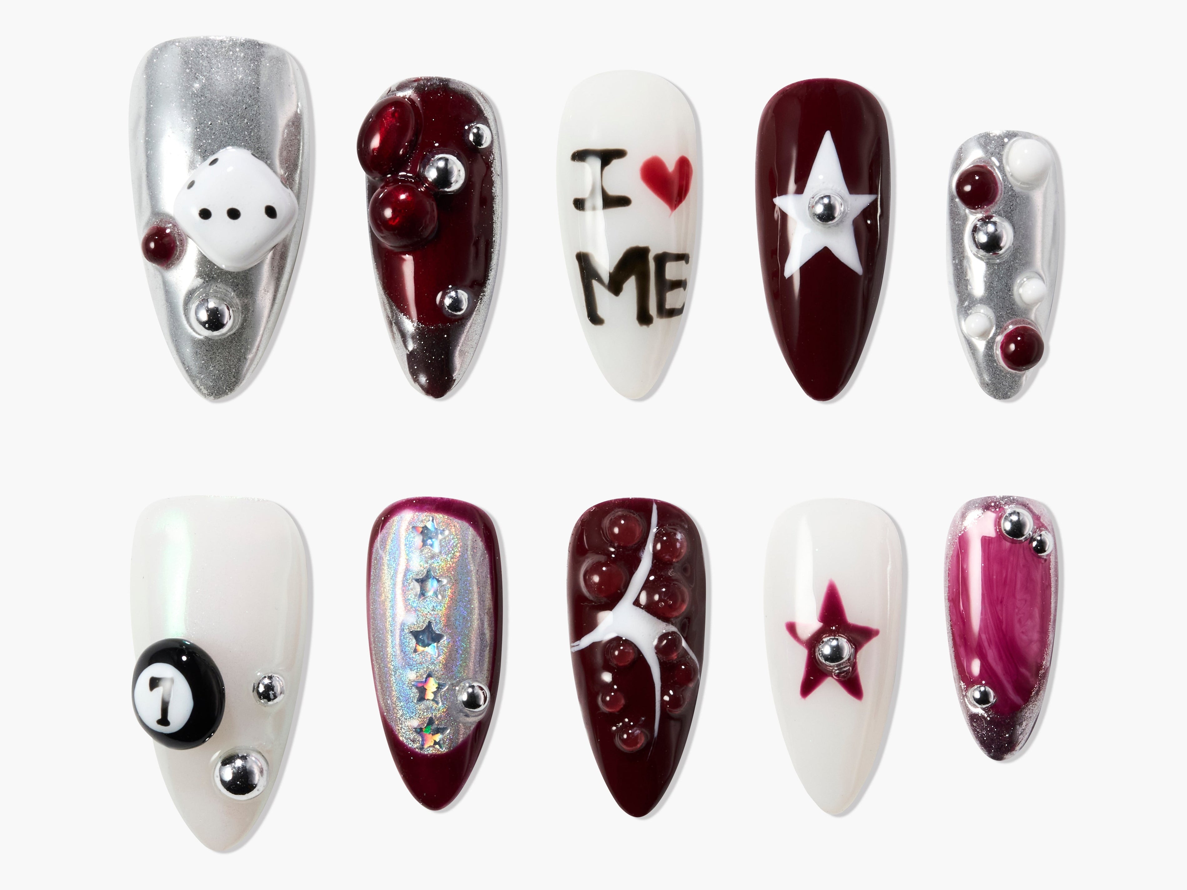 Set of 10 decorative false nails with red, white, and silver designs including dice, stars, and 3D beads