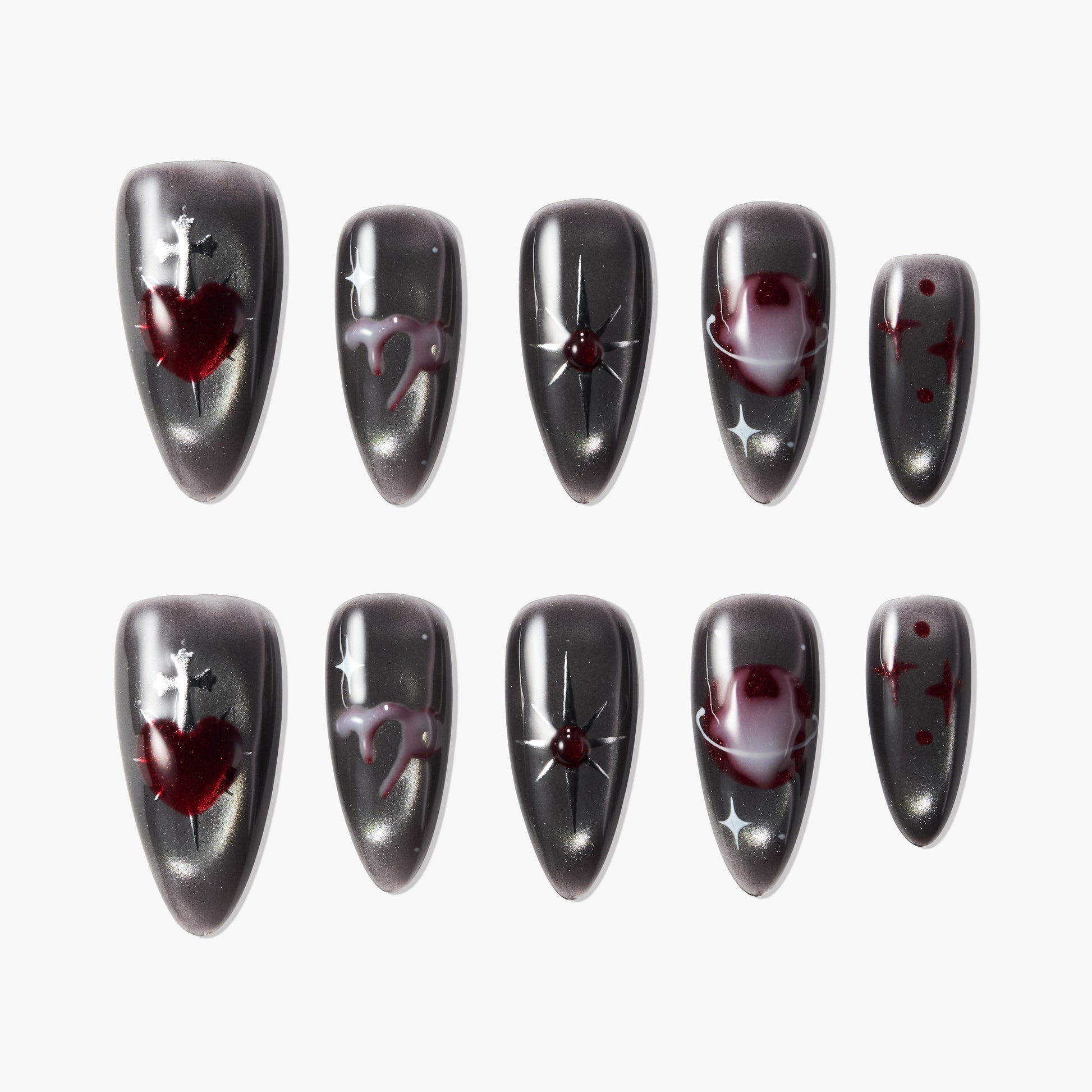 Set of black glossy false nails with red and silver gothic heart and abstract designs