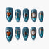 Two sets of blue glittery press-on nails with celestial and heart designs on white background