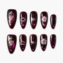 Set of glossy dark burgundy press-on nails with pink 3D heart, lips, star, and swirl designs