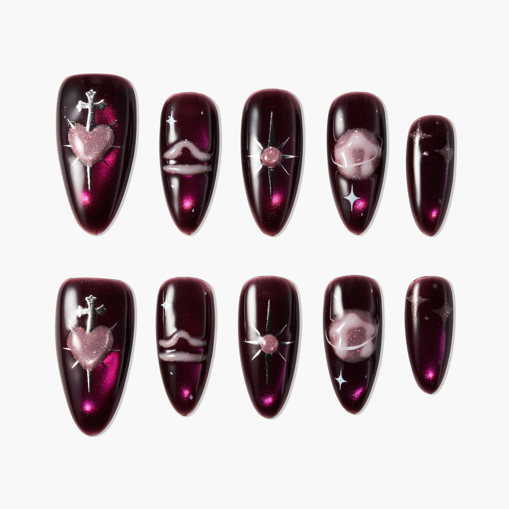 Set of glossy dark burgundy press-on nails with pink 3D heart, lips, star, and swirl designs
