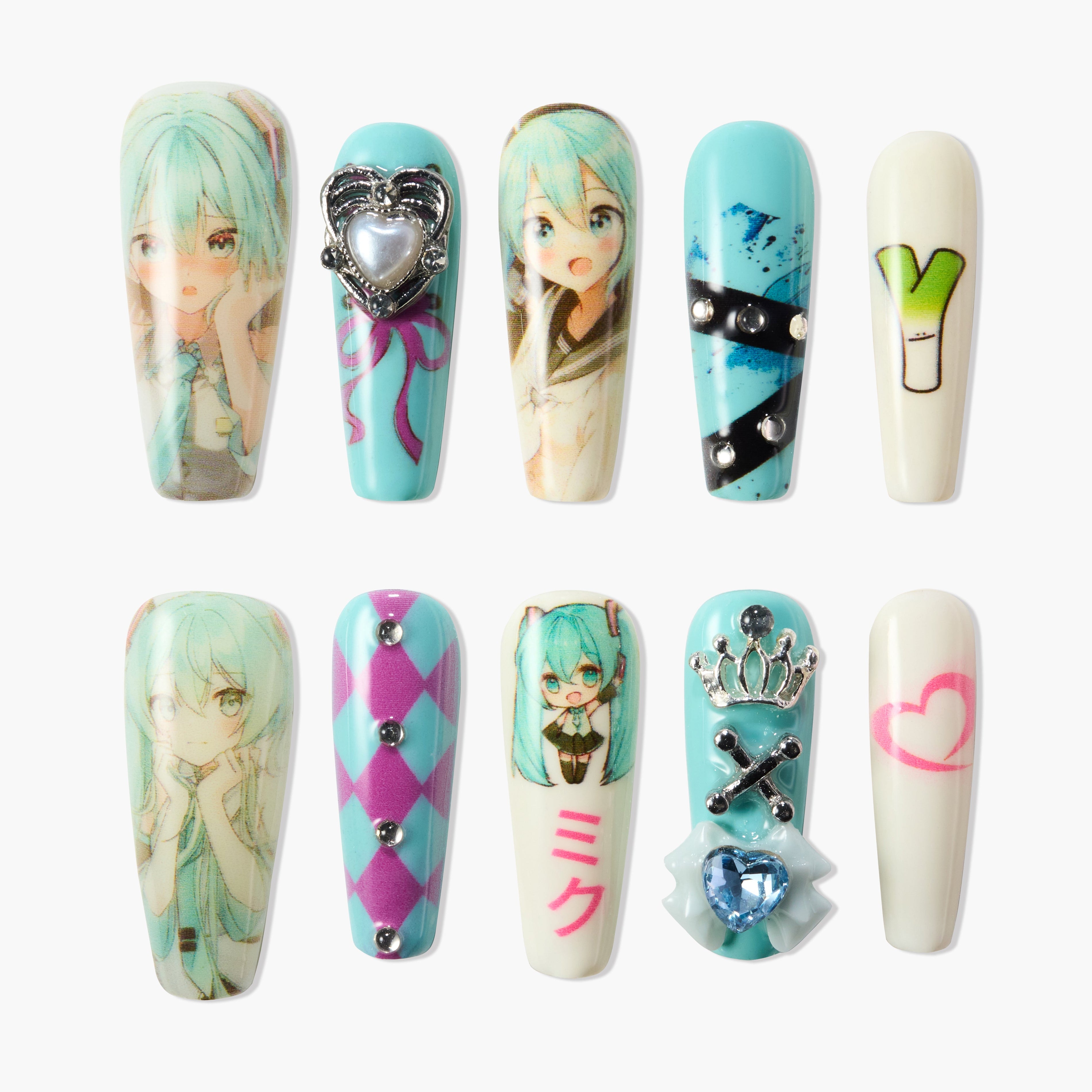 Set of anime-inspired nail art designs featuring turquoise-haired characters, hearts, rhinestones, and pastel patterns
